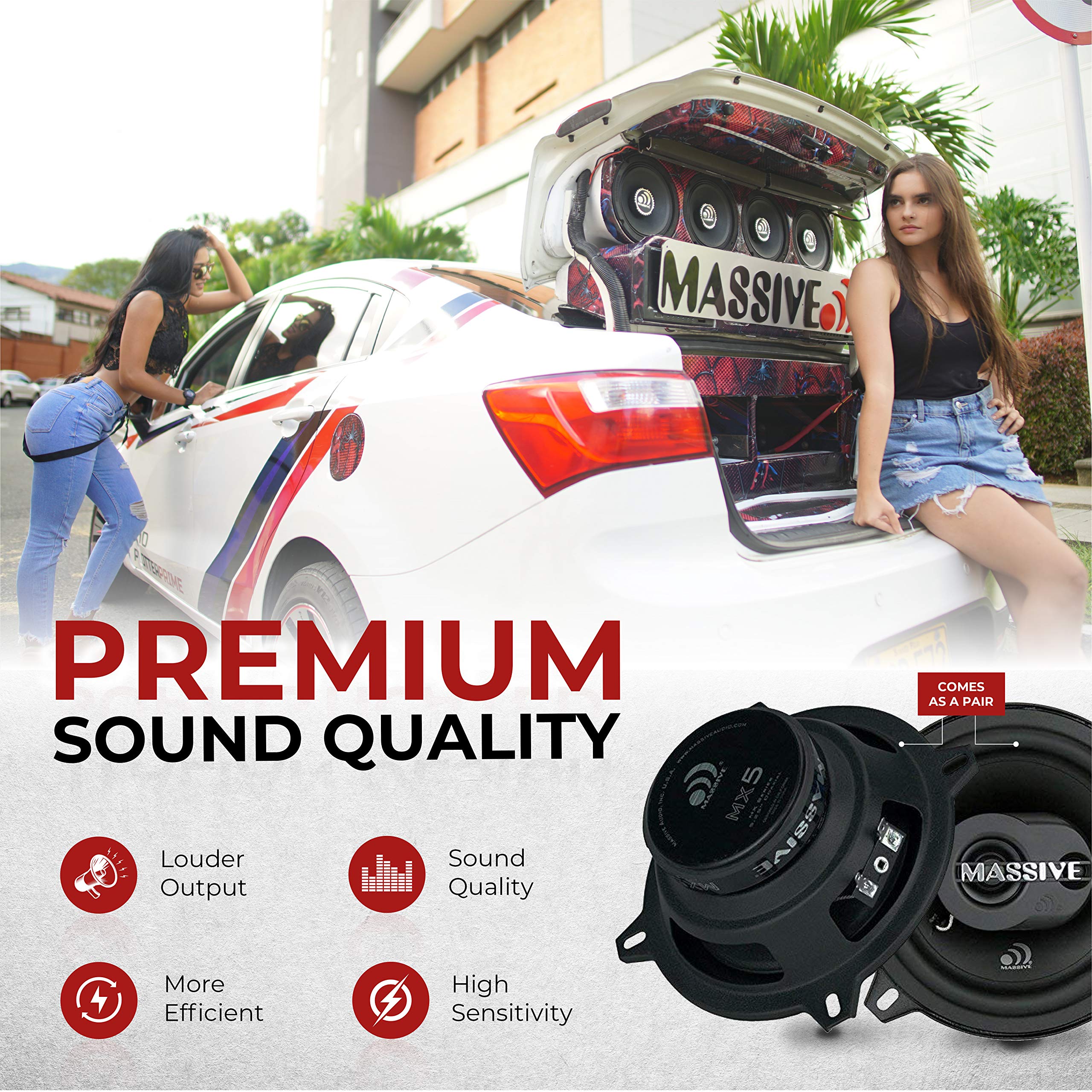 5.25" Massive Audio MX5 | Coaxial 2-Way Car Speakers | 140 Watts Max | Premium Sound, Shallow Mount Design | High-Efficiency Mid-Bass Driver & Silk Dome Tweeter | Easy OEM Upgrade