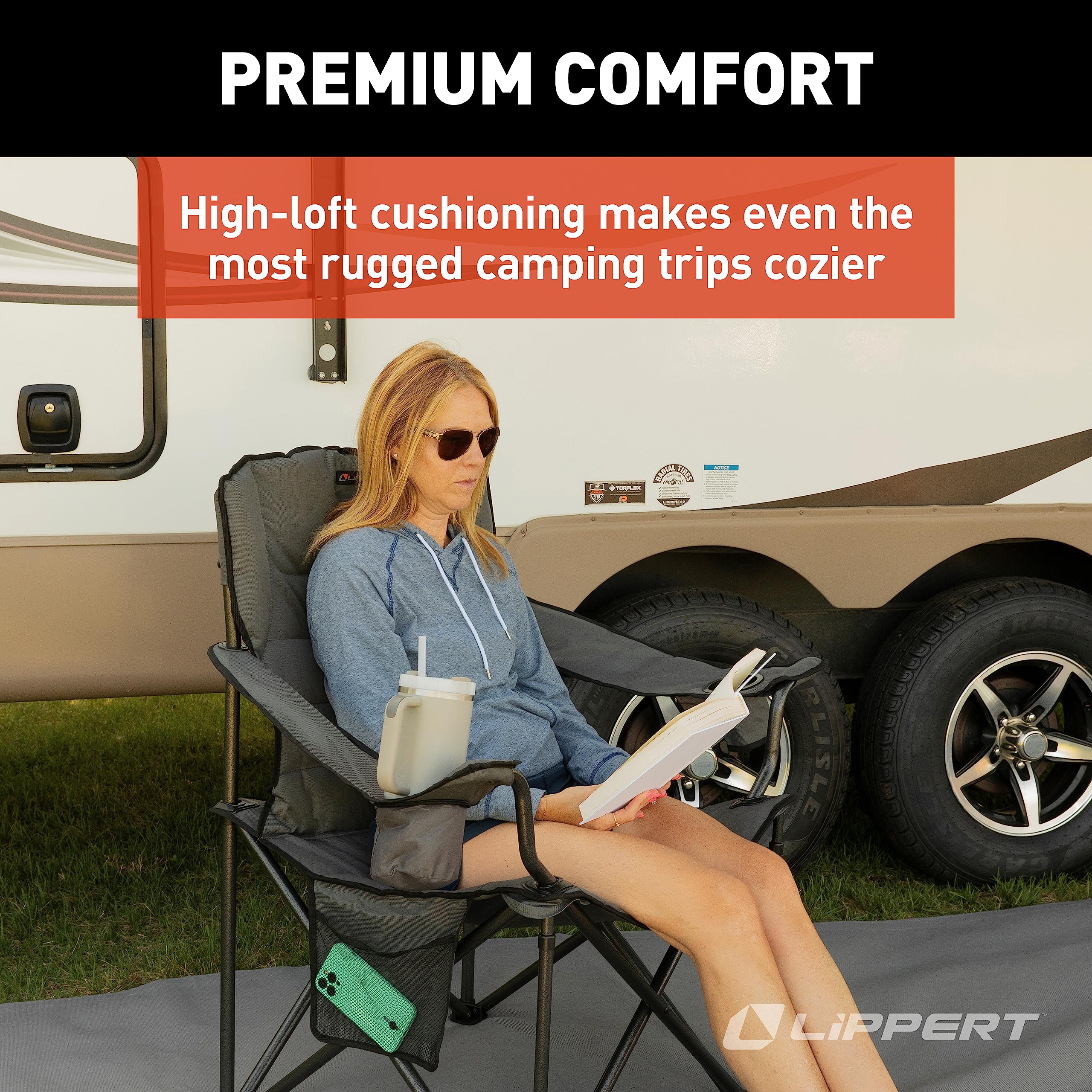 Lippert Deluxe Campfire Folding Chair - Mossy Oak Original Bottomland Camo, High-Loft, Foldable Cushion Chair, Dual Cup Holders, Durable 600D Outdoor Polyester Fabric, 500 lb. Capacity - 2023053729