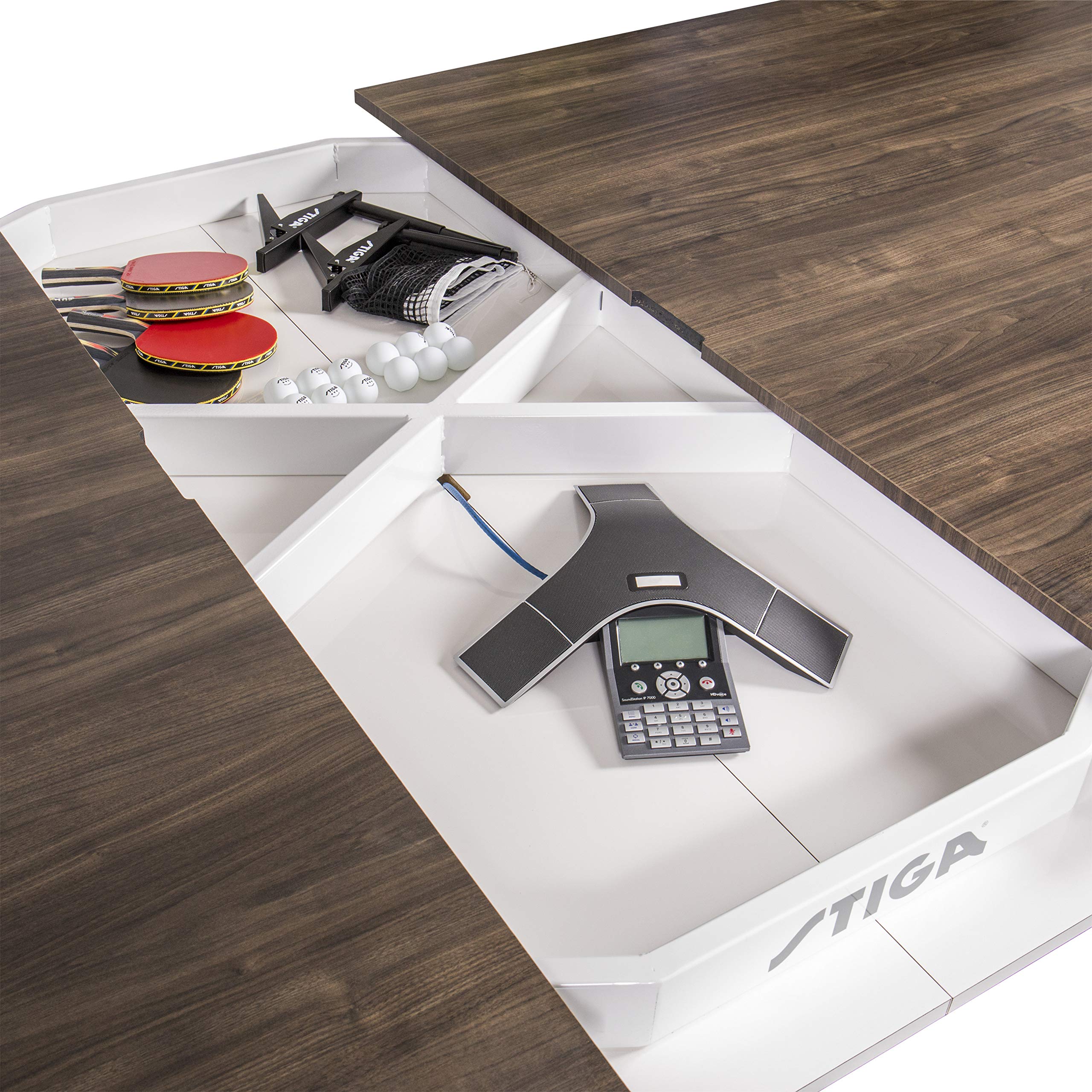STIGA 3-in-1 Dining, Conference and Hybrid Table Tennis Table – White Base with Walnut Finished Top