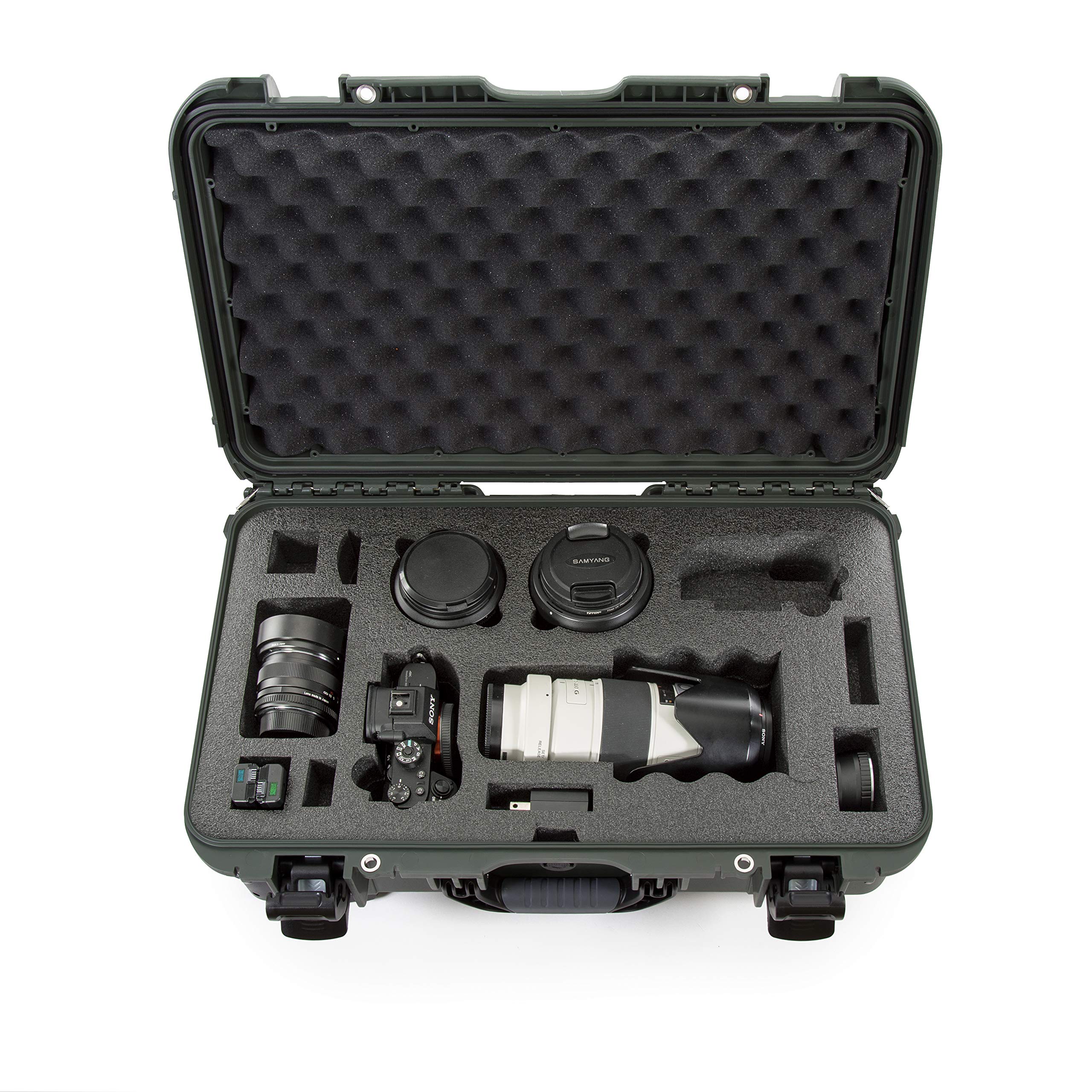 Waterproof Nanuk 935 Carry-On Hard Case with Custom Foam Insert for Sony a7R Size Camera w/Wheels - Olive