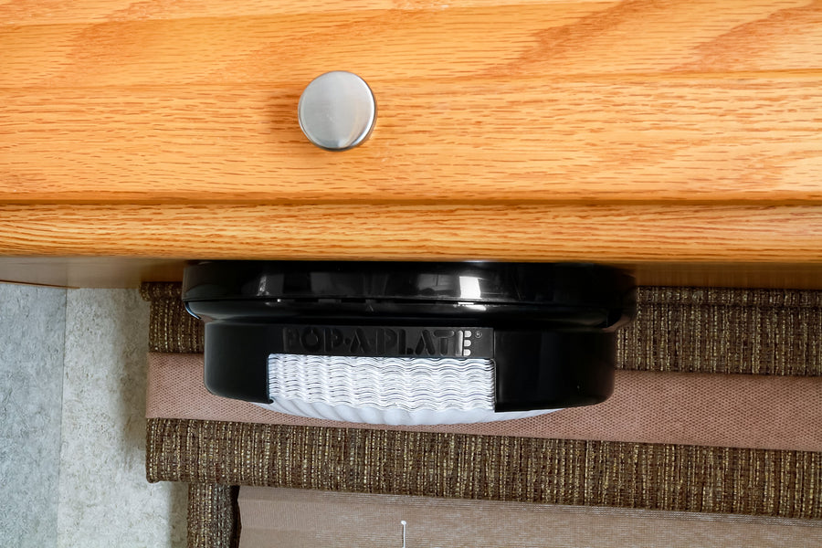 Pop-A-Plate Camco 9-inch Plastic Plate Dispenser | Ideal for Compact Spaces, RVs and Trailers | Mounts Under Cabinets or Shelves | Black (57006)