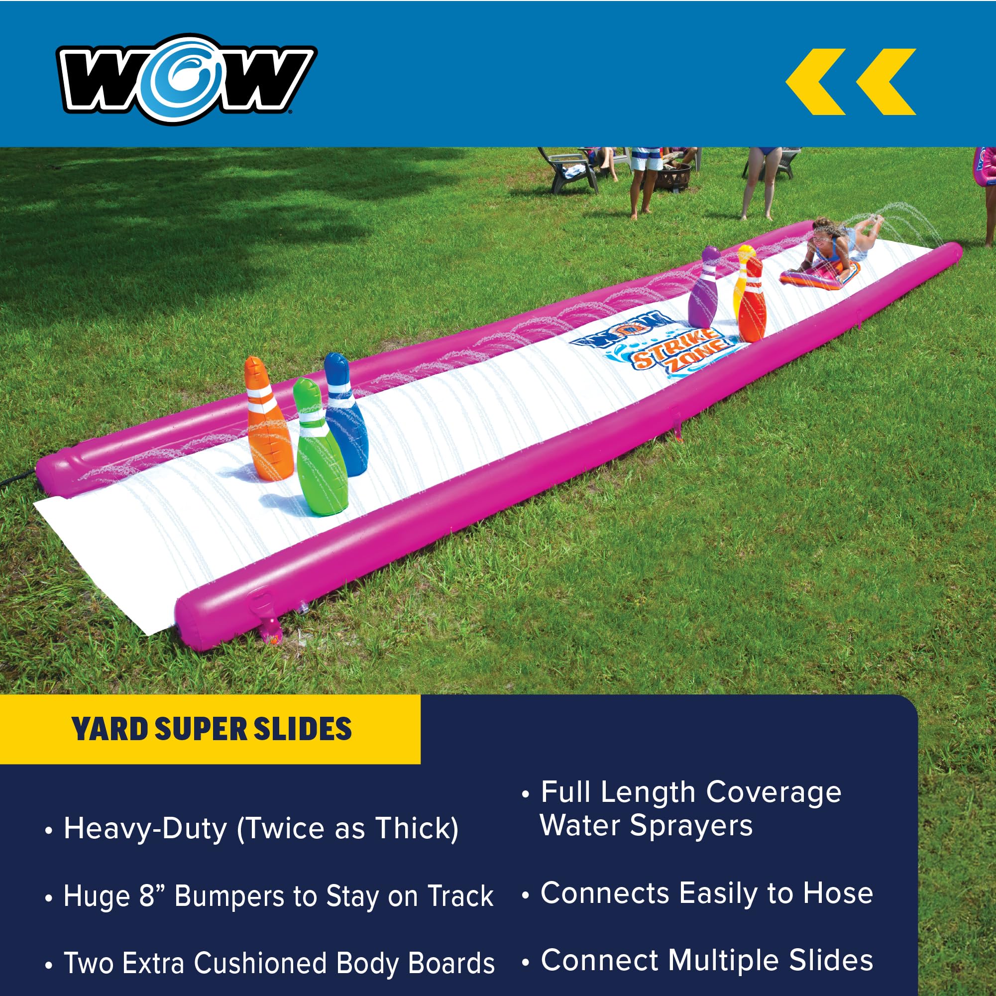 Strike Zone WOW Sports - Water Slide 25 Foot Slip n Slide with Inflatable Sides & Sprinklers - Human Bowling Water Slide with Inflatable Pins