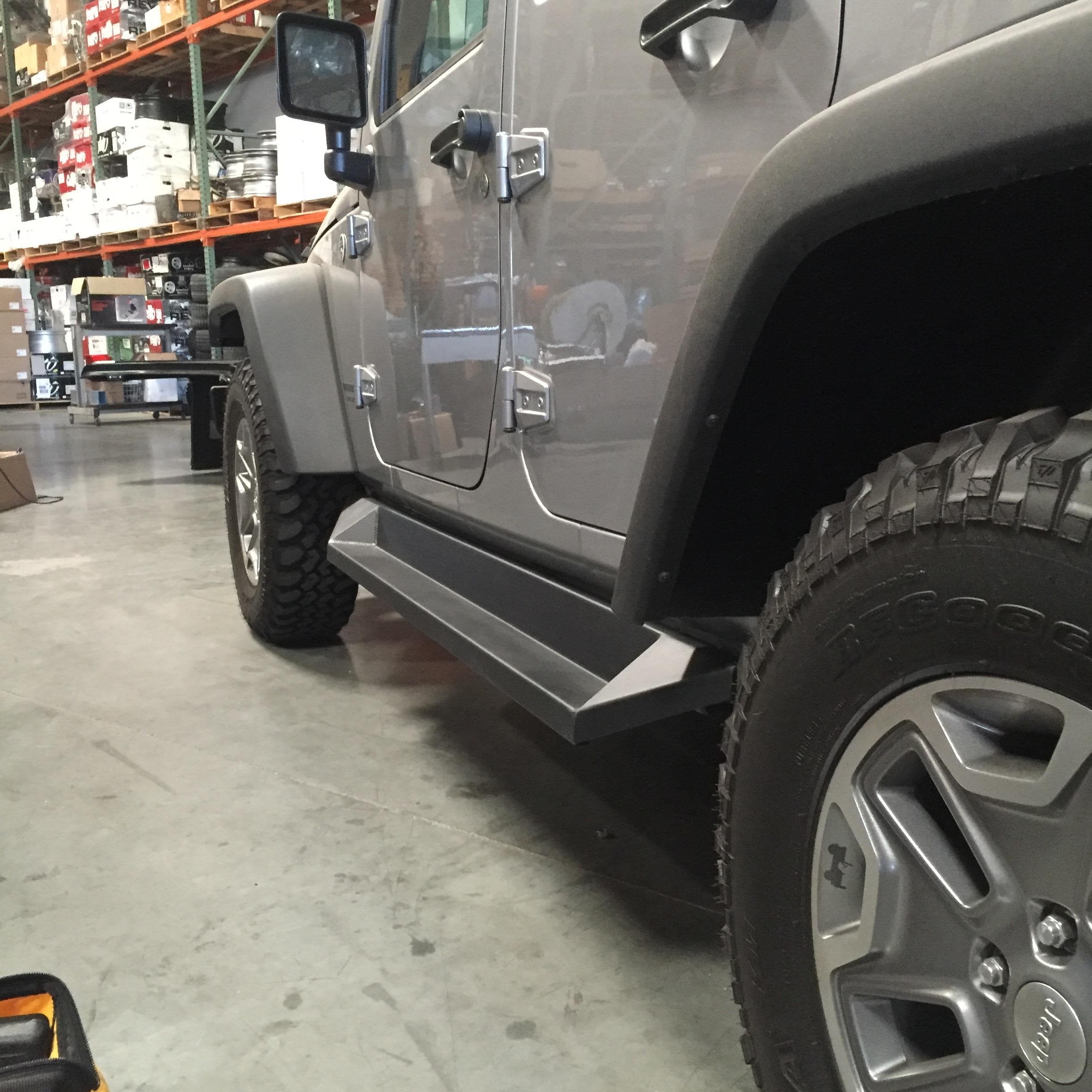 SRSOTB-10 | DV8 Offroad Rock Slider for 2007-2018 Wrangler JK 4 Door Model | Plated Armor Style with Box Step | Protection for Body and Frame | Black Finish