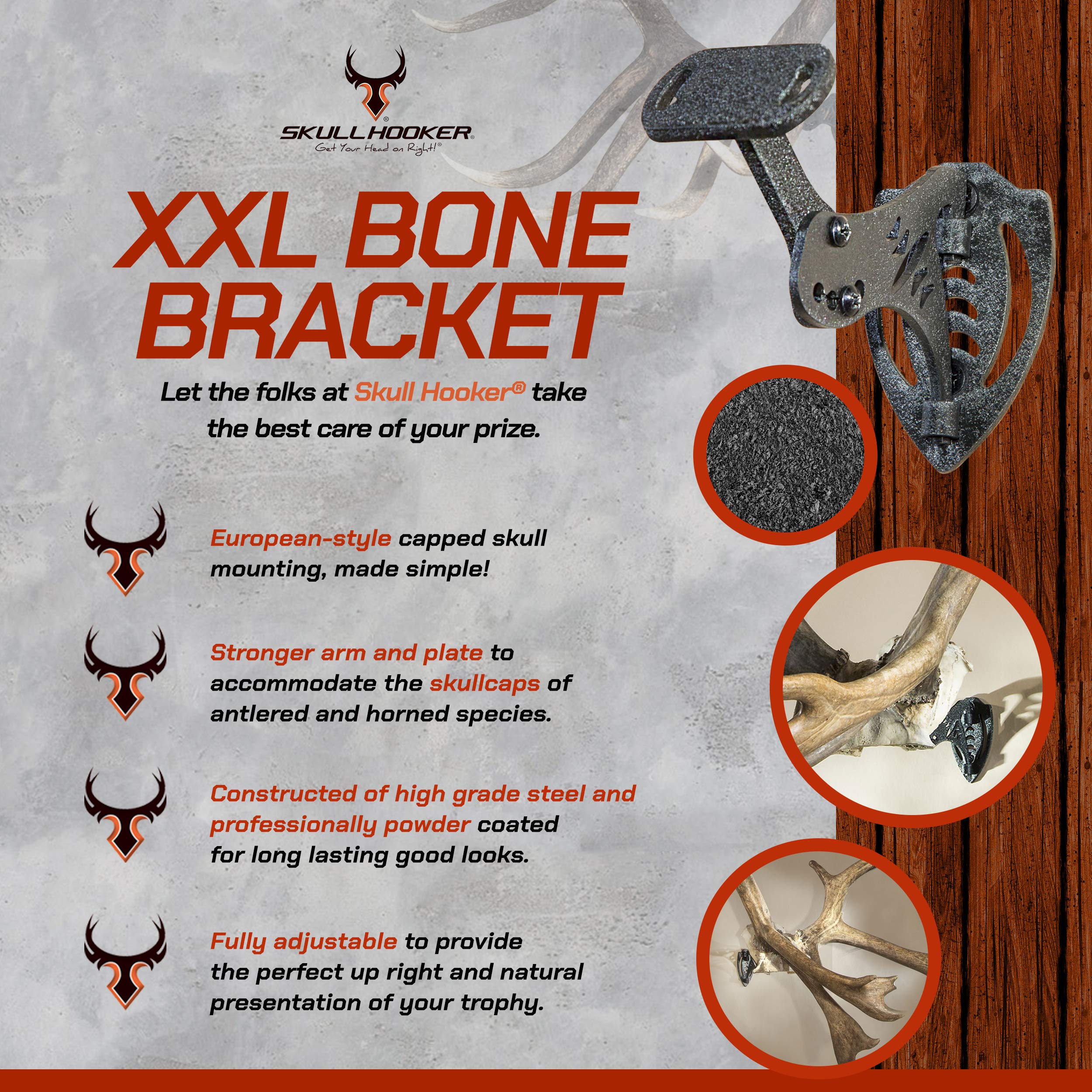 Skull Hooker XXL Bone Bracket Powder-Coated Steel – Designed to Accommodate the Skull Plates of Antlered and Horned Species Such as Elk, Caribou, Buffalo, Moose and Heavy-Horned Sheep, Graphite Black