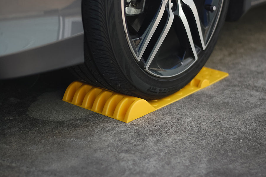 AccuPark Camco Parking Mat | Features 2 Raised Bumps for Parking Accuracy | Easy Installation with Heavy Duty Adhesive Tape | Yellow (42891)