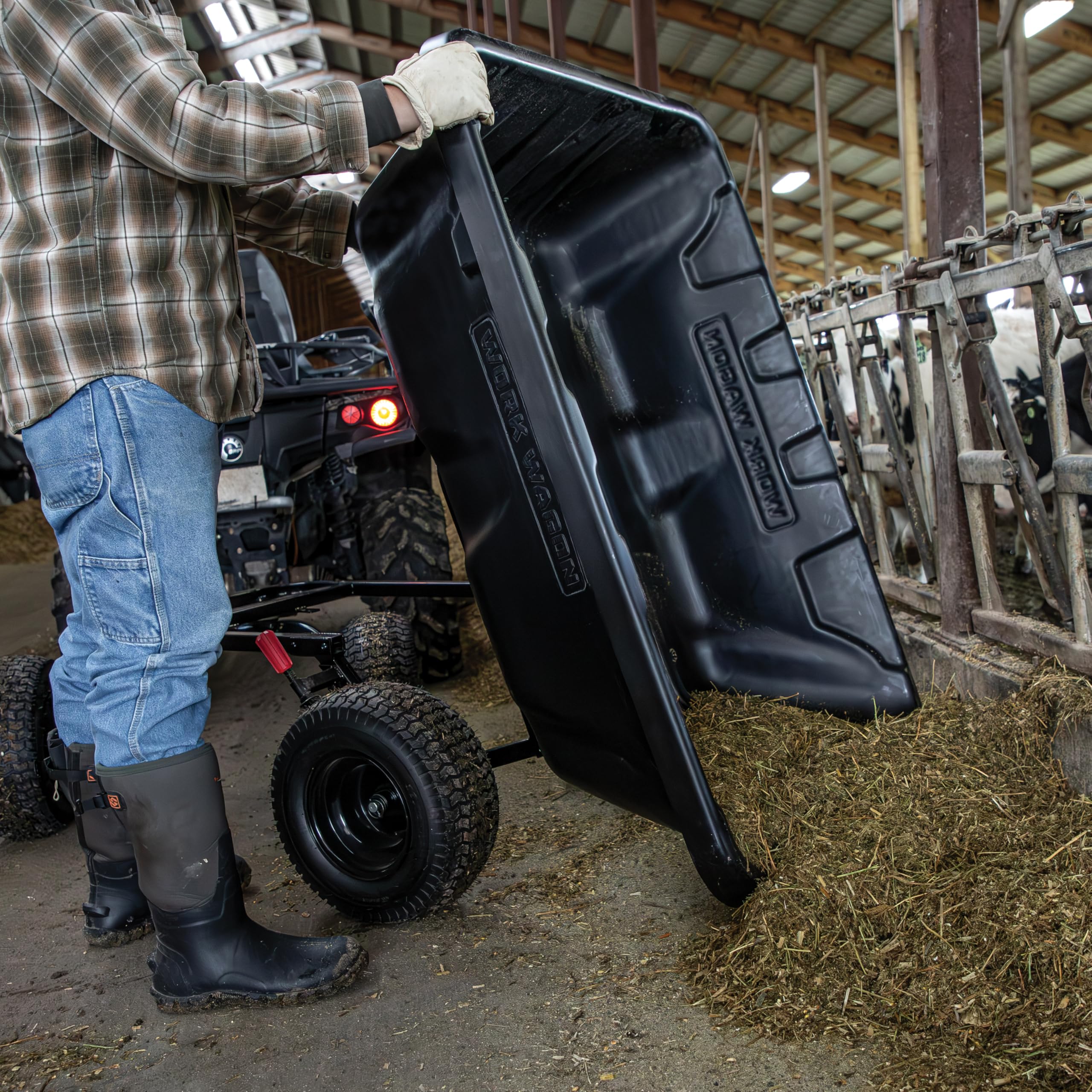 Work Wagon® YUTRAX® 16 cu. ft. Towable Poly Cart, 1800 Pound Capacity, Easy Dump Feature, Hybrid Handle, Simple to Assemble Steel Frame, 16" Extra-Wide Tires, WW16P