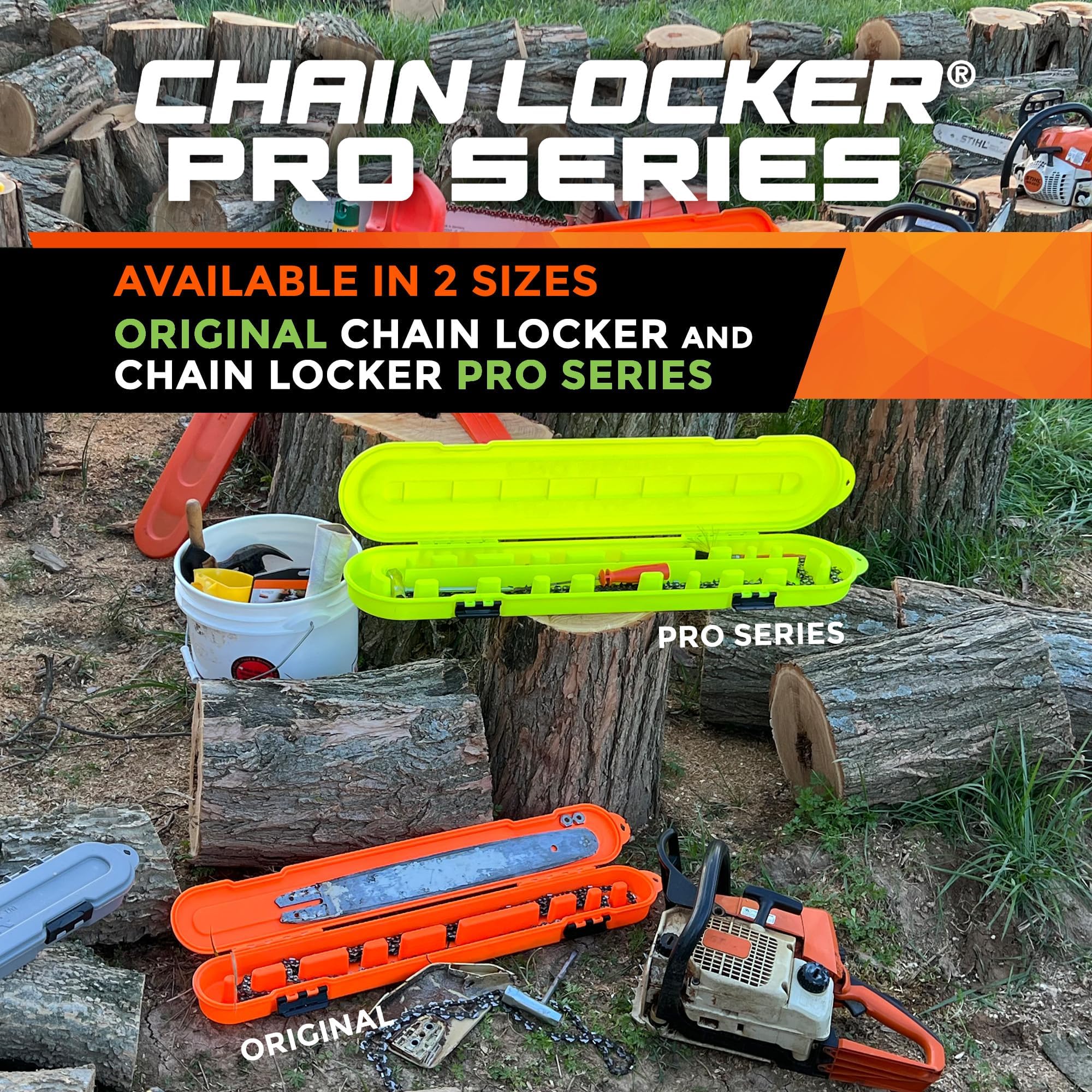 Universal Portable Chain Locker Pro Series - Saw Storage Case for Long Blades - Double Row, Double-Sided for Sharp & Dull Chains, 2” Tall, Made in USA - High-Vis Orange - Holiday Gift for Family