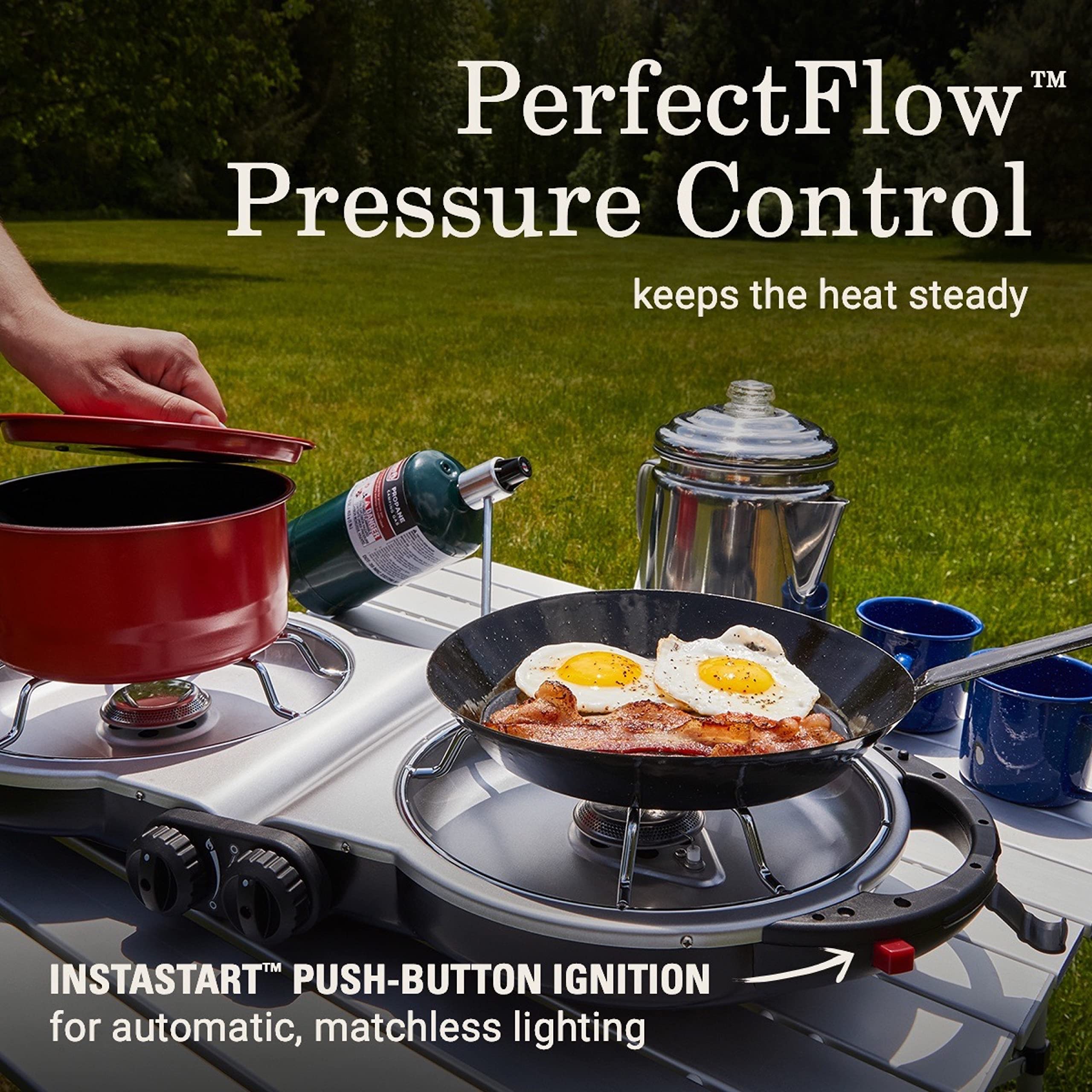 Coleman 2-Burner Fold ‘N Go Propane Stove, Dual Adjustable Burners with 20,000 BTUs of Power & InstaStart Ignition, Great for Camping, Tailgating, Grilling, & More