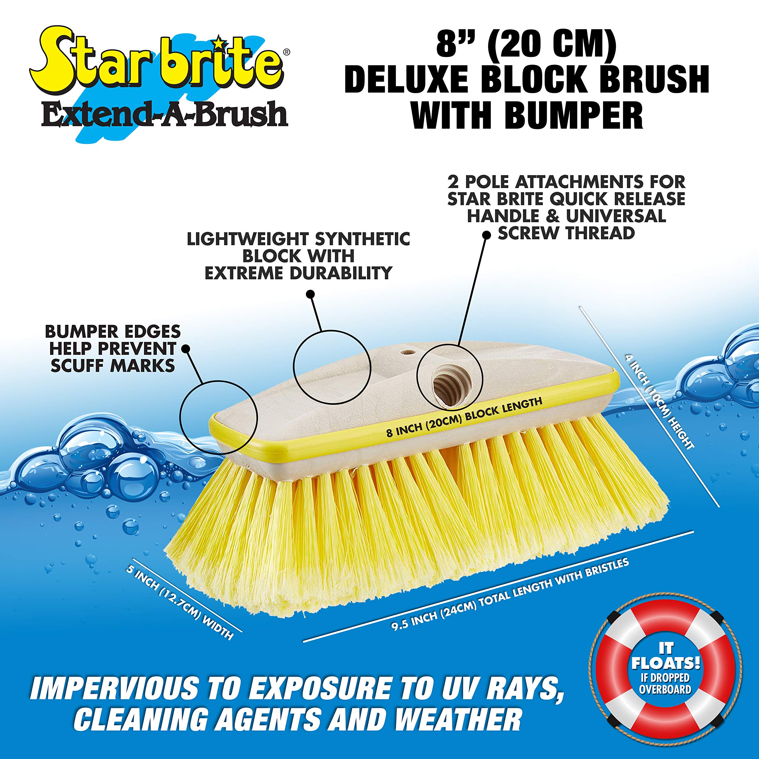8" STAR BRITE Premium Soft Brush Head W/Bumper - Dual Connections Fit Either Standard 3/4" Threaded Poles or Extend-A-Brush Handles (Soft) (Yellow) (040161)
