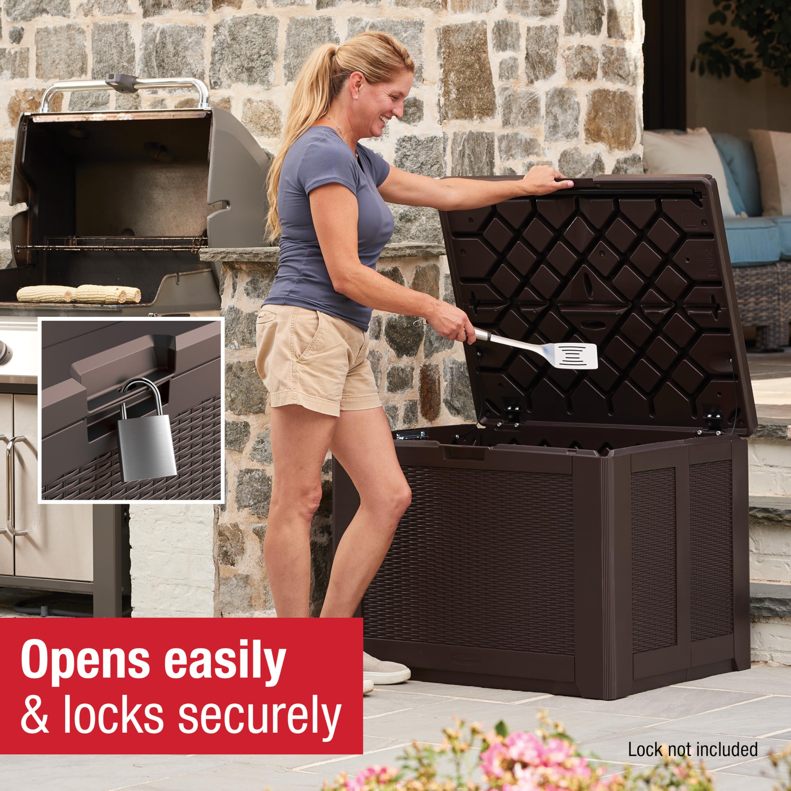 Medium Rubbermaid Resin Outdoor Storage Deck Box (74 Gal) Weather Resistant Brown Deck Organization for Home/Backyard/Pool Chemicals/Toys/Garden Tools/Porch/Patio Cushions