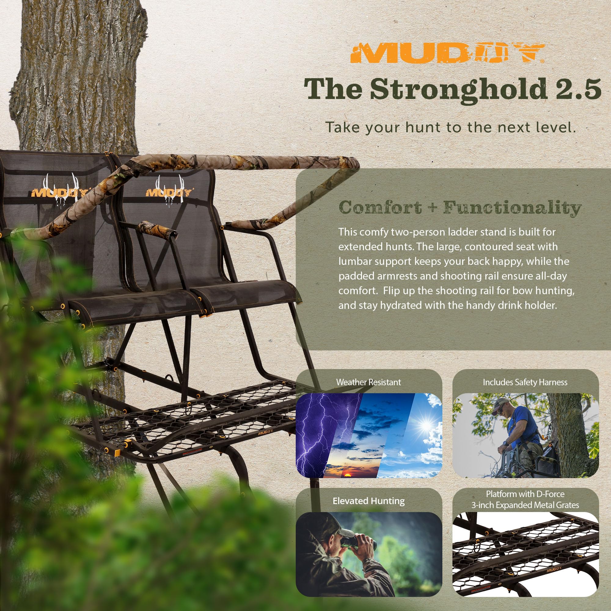 Muddy 2.5 Boss Stronghold Deer Hunting 18 Foot 2 Person Ladderstand Tree Stand with Lumbar Seat and Expanded D Force Metal Platform