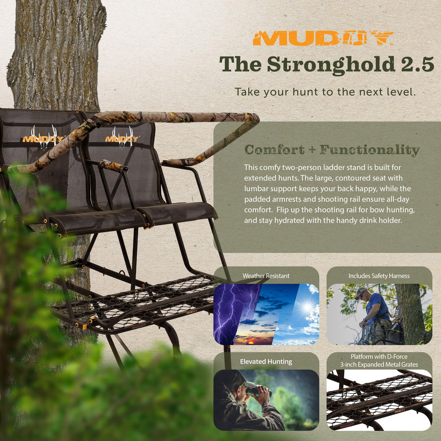 Muddy 2.5 Boss Stronghold Deer Hunting 18 Foot 2 Person Ladderstand Tree Stand with Lumbar Seat and Expanded D Force Metal Platform