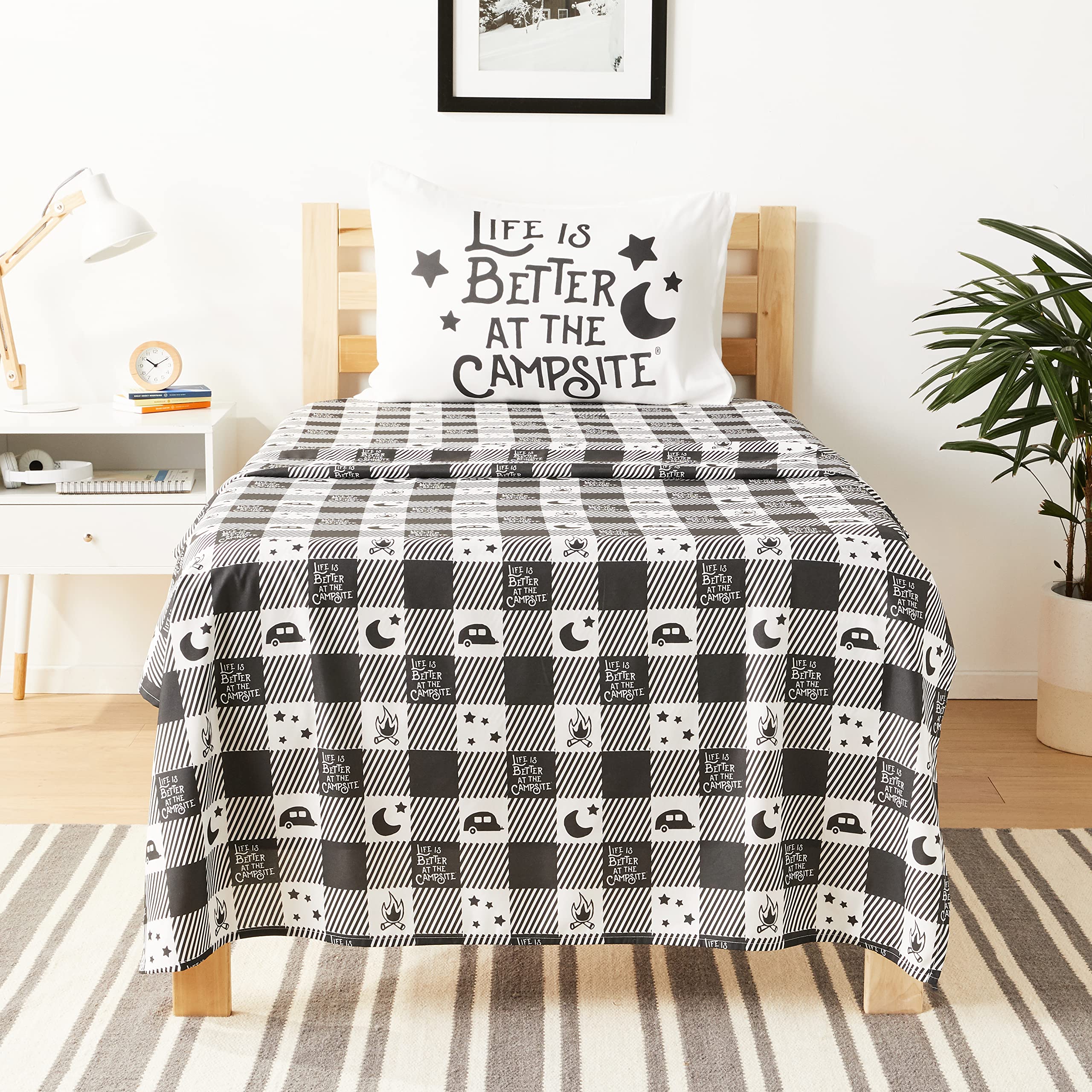 Camco Bunk Sized Bed Sheets at The Campsite Life is Better Camper/RV | Features Camping Theme Design on Buffalo Plaid Pattern | Crafted of Soft Machine Washable Polyester | 3-Piece Set (53475)
