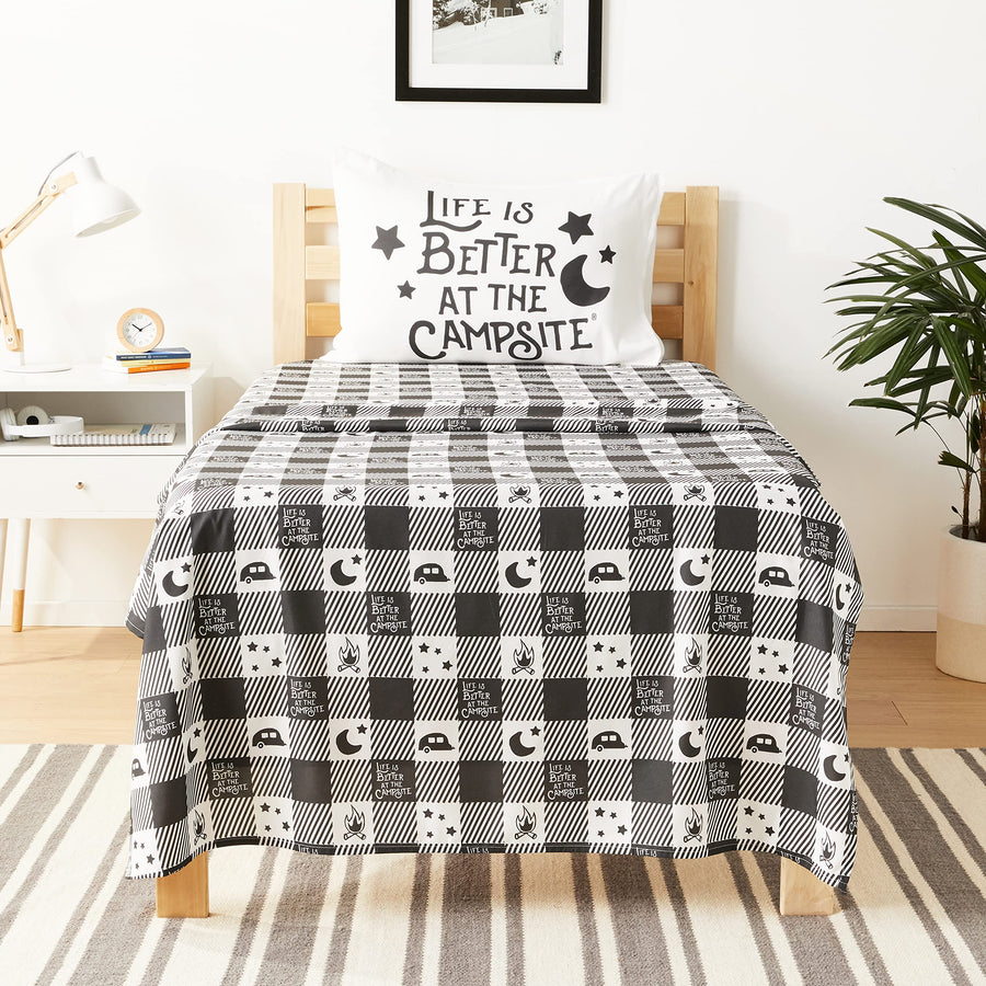 Camco Bunk Sized Bed Sheets at The Campsite Life is Better Camper/RV | Features Camping Theme Design on Buffalo Plaid Pattern | Crafted of Soft Machine Washable Polyester | 3-Piece Set (53475)