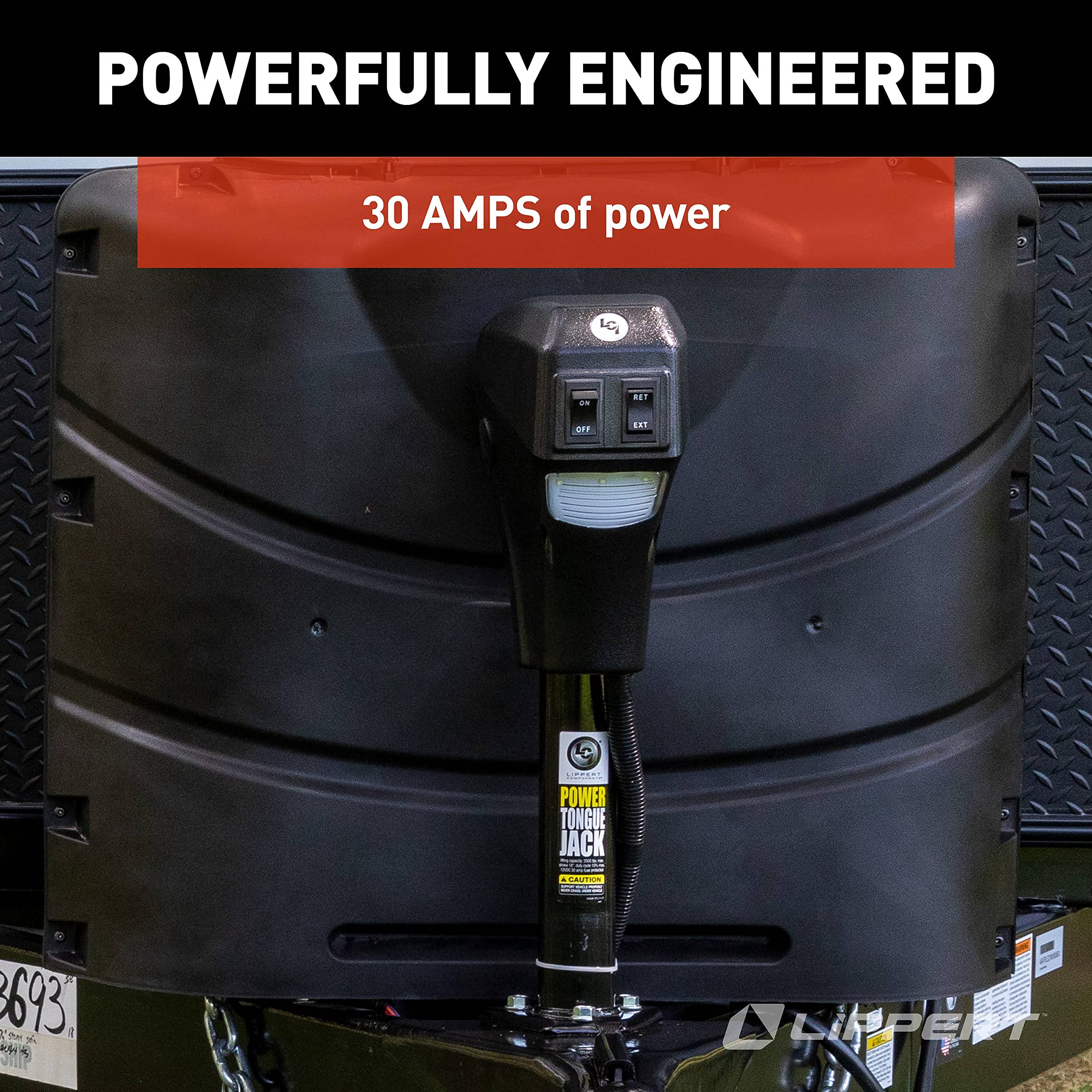 Power Tongue Jack Lippert Electric Trailer A-Frame, 3,500 lbs. 18-Inch Stroke, 5.4-Inch Foot Pad, Durable Textured Casing, Emergency Manual Crank Override, 10.75" Retracted, 28.75" Extended - 285318