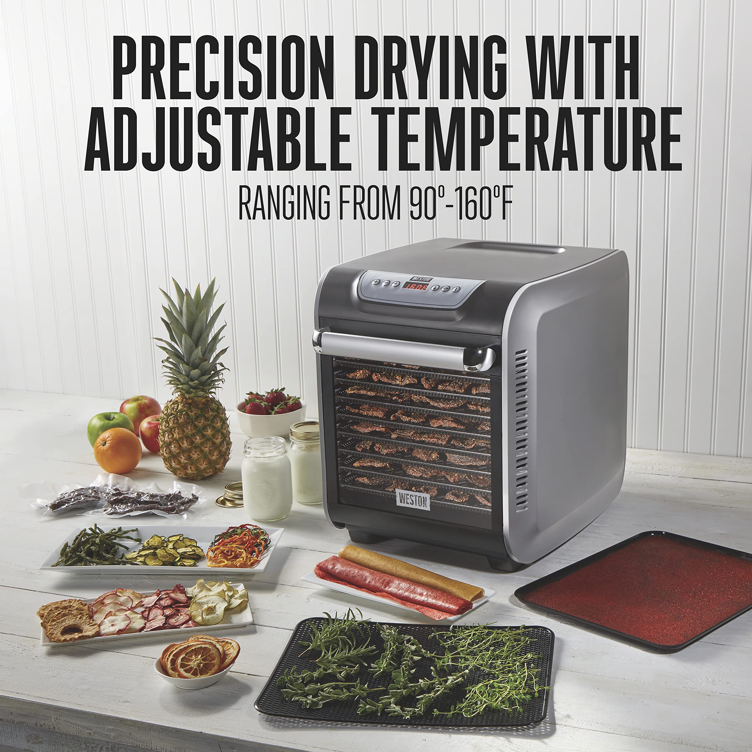 Weston Dehydrator Food Machine for Jerky, Fruit, Meat, Herbs, Vegetables, with Precision Digital Temperature Control (90-160F), 10 Stackable Trays (10.3 sq. ft.), White (75-1001-W)