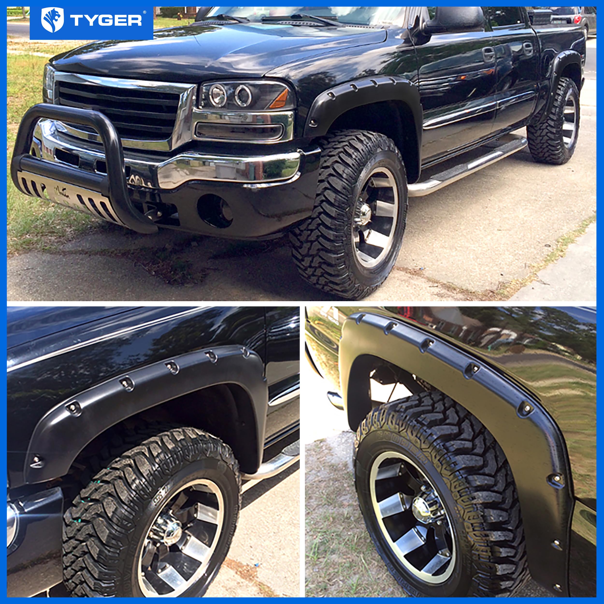 Tyger Auto Fender Flares Compatible with 1999-2006 GMC Sierra Chevy Silverado 1500 2500 3500HD (Incl. 2007 Classic) Fleetside, Smooth Textured Paintable Bolt-Riveted Style 4pc | TG-FF8C4058