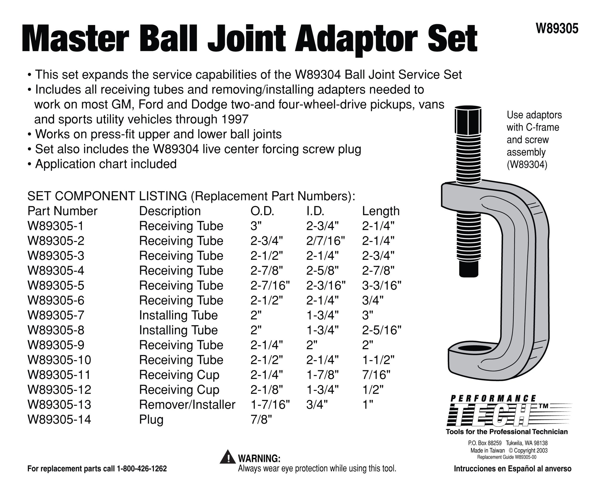 Master Ball Joint Adapter Set Performance Tool W89305