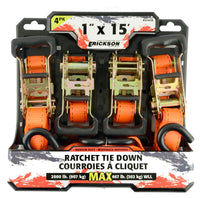 1" x 15' Rubber Handle Ratcheting Tie-Down Strap, Erickson 31416 (Pack of 4) Pro Series