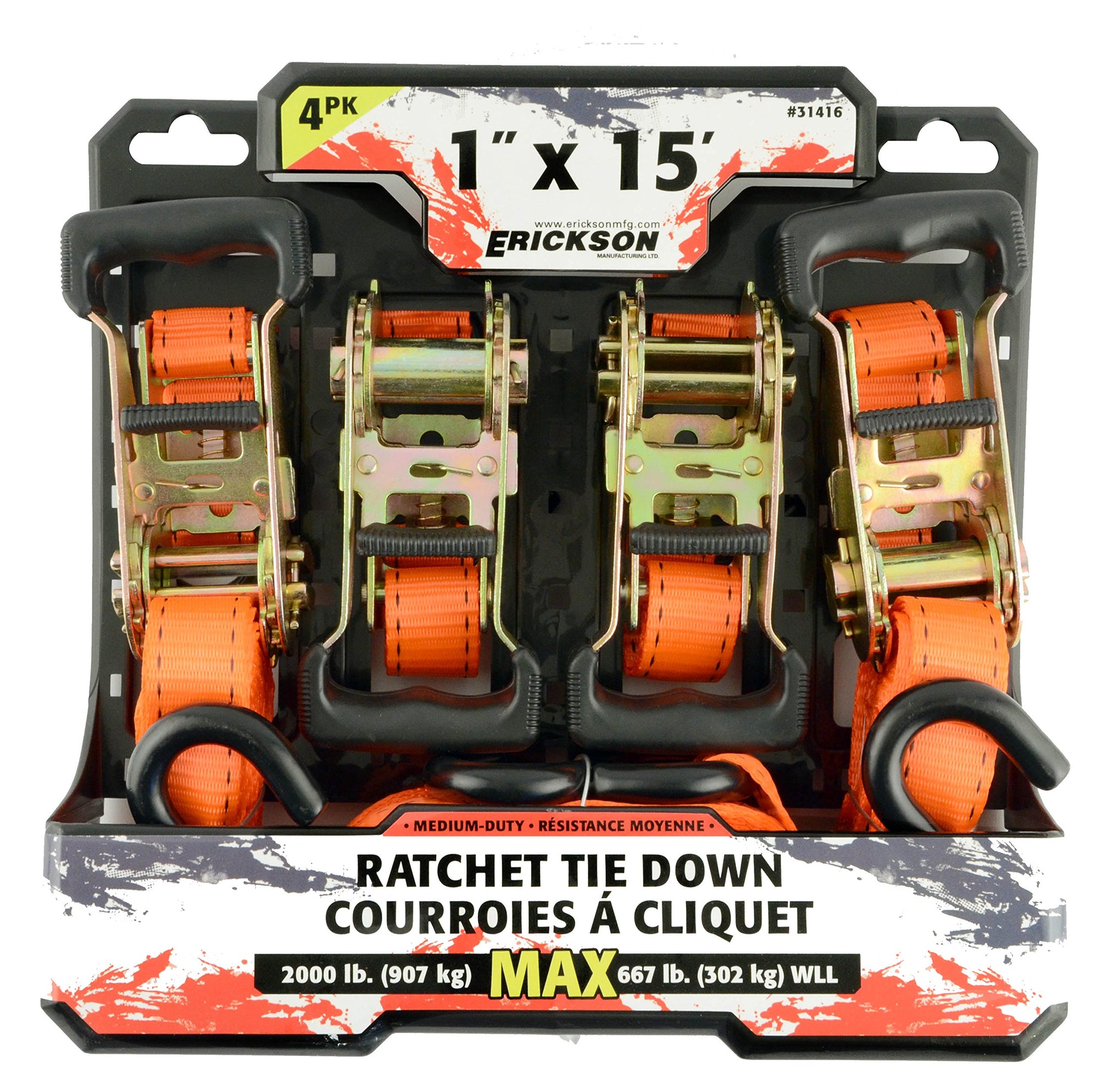 1" x 15' Rubber Handle Ratcheting Tie-Down Strap, Erickson 31416 (Pack of 4) Pro Series