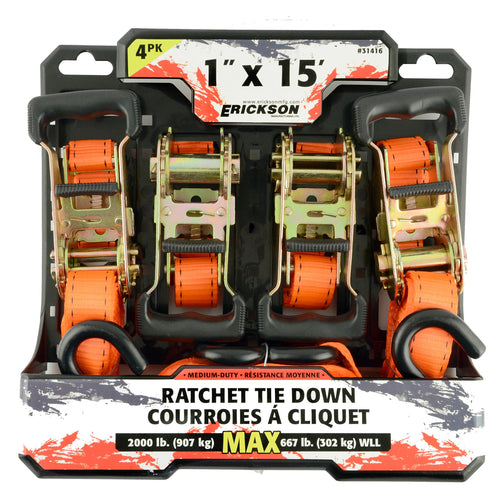 1" x 15' Rubber Handle Ratcheting Tie-Down Strap, Erickson 31416 (Pack of 4) Pro Series