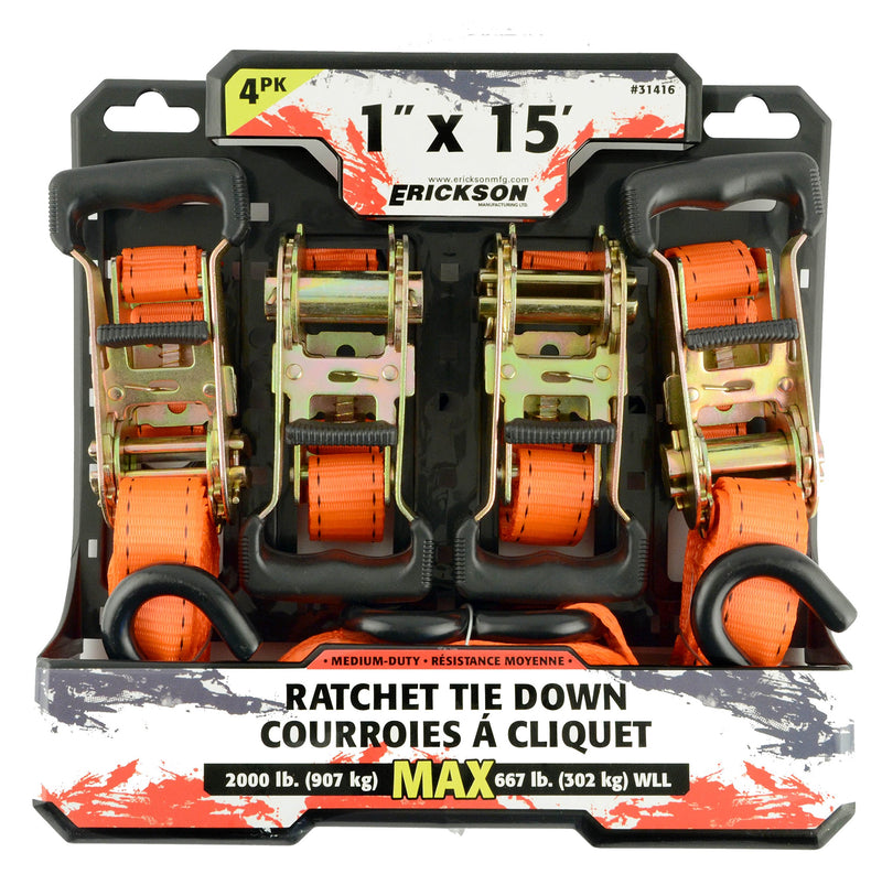 1" x 15' Rubber Handle Ratcheting Tie-Down Strap, Erickson 31416 (Pack of 4) Pro Series