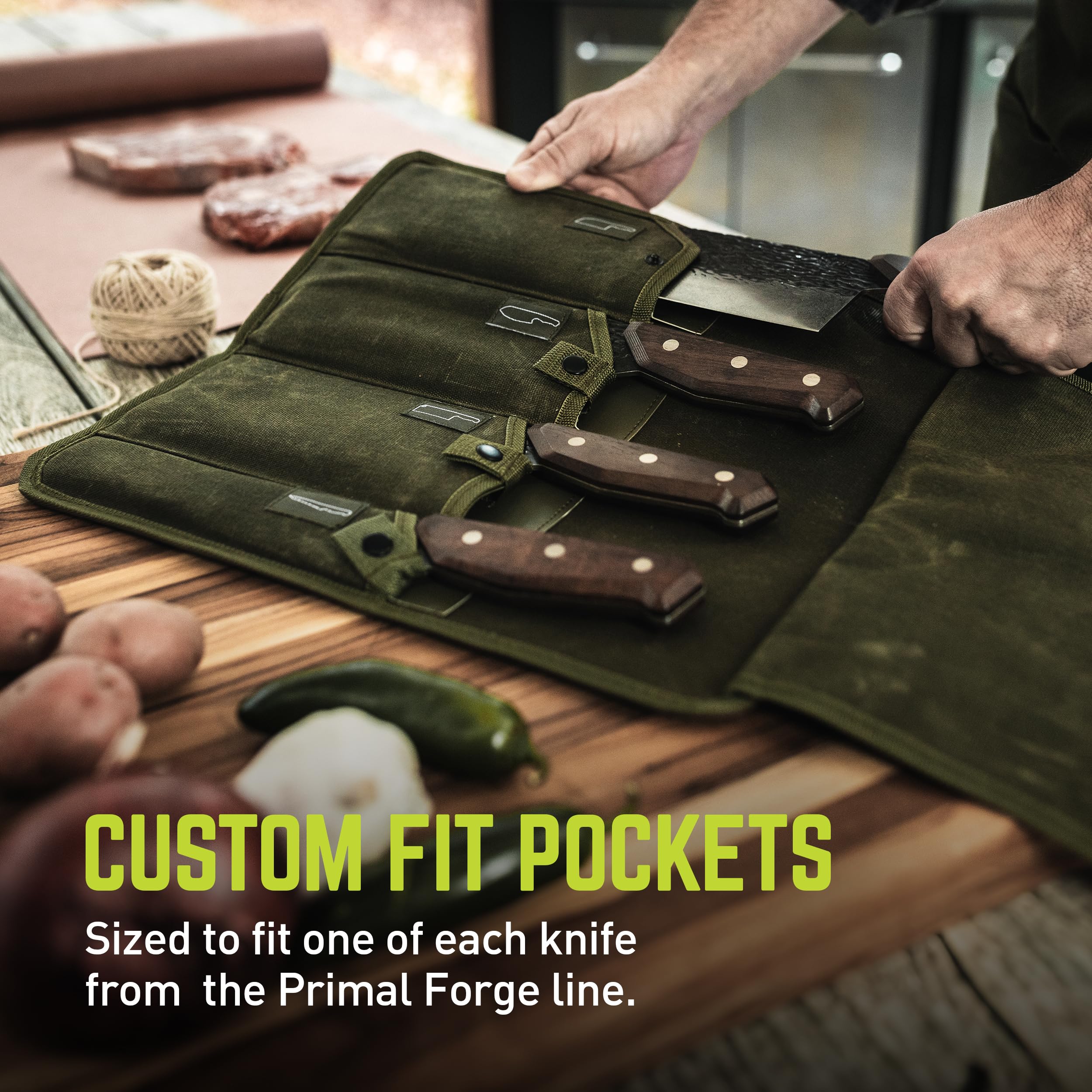PrimalForge TRUE Canvas Knife Roll | Heavy-Duty Waxed Canvas, Tear-Resistant, Water-Resistant, Custom Fit Pockets for the Chopper, Cleaver, Rocker Butcher, and Tanto Slicer in Collection
