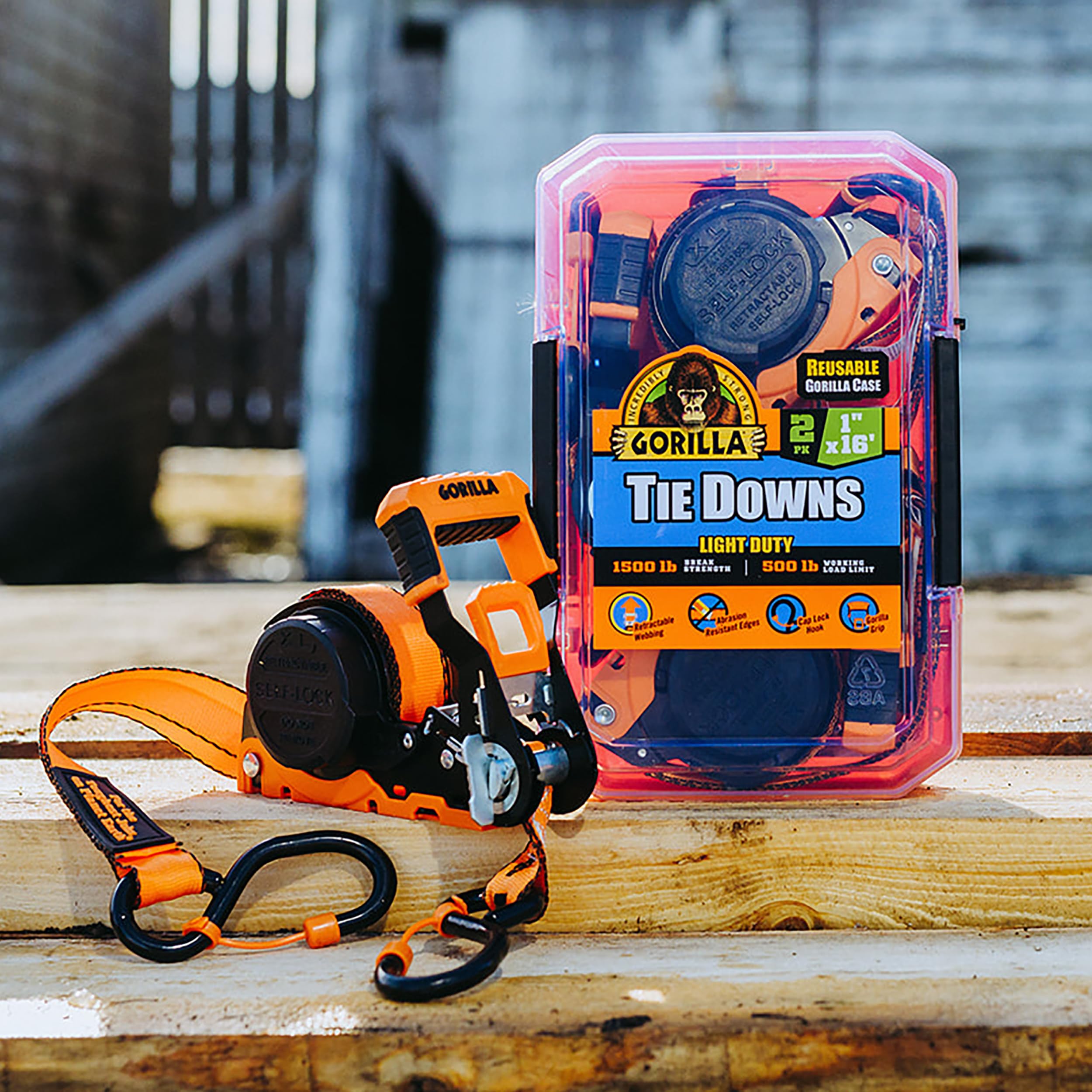 Gorilla Tie Down Ratchet Straps (2Pack) 1in x 16ft 1200lb Break Strength, Self-Locking Retractable, Heavy-Duty Orange Webbing, Gorilla-Grip Handles, Cap Locks, E-Coated Ratchets, Vinyl Hooks for Cargo