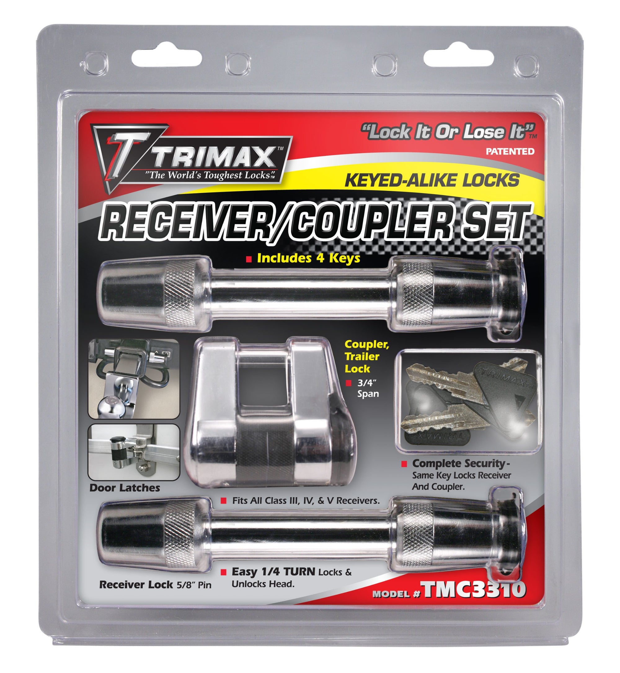 2- T3'S Trimax - 5/8" Reciever & (1) Tmc10 Span Coupler Lock, with Flat Keys TMC3310, Clam Packaging