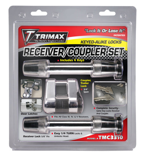 2- T3'S Trimax - 5/8" Reciever & (1) Tmc10 Span Coupler Lock, with Flat Keys TMC3310, Clam Packaging