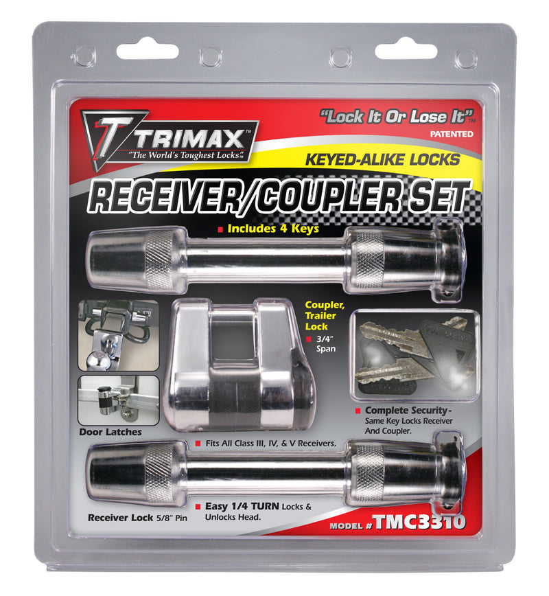2- T3'S Trimax - 5/8" Reciever & (1) Tmc10 Span Coupler Lock, with Flat Keys TMC3310, Clam Packaging