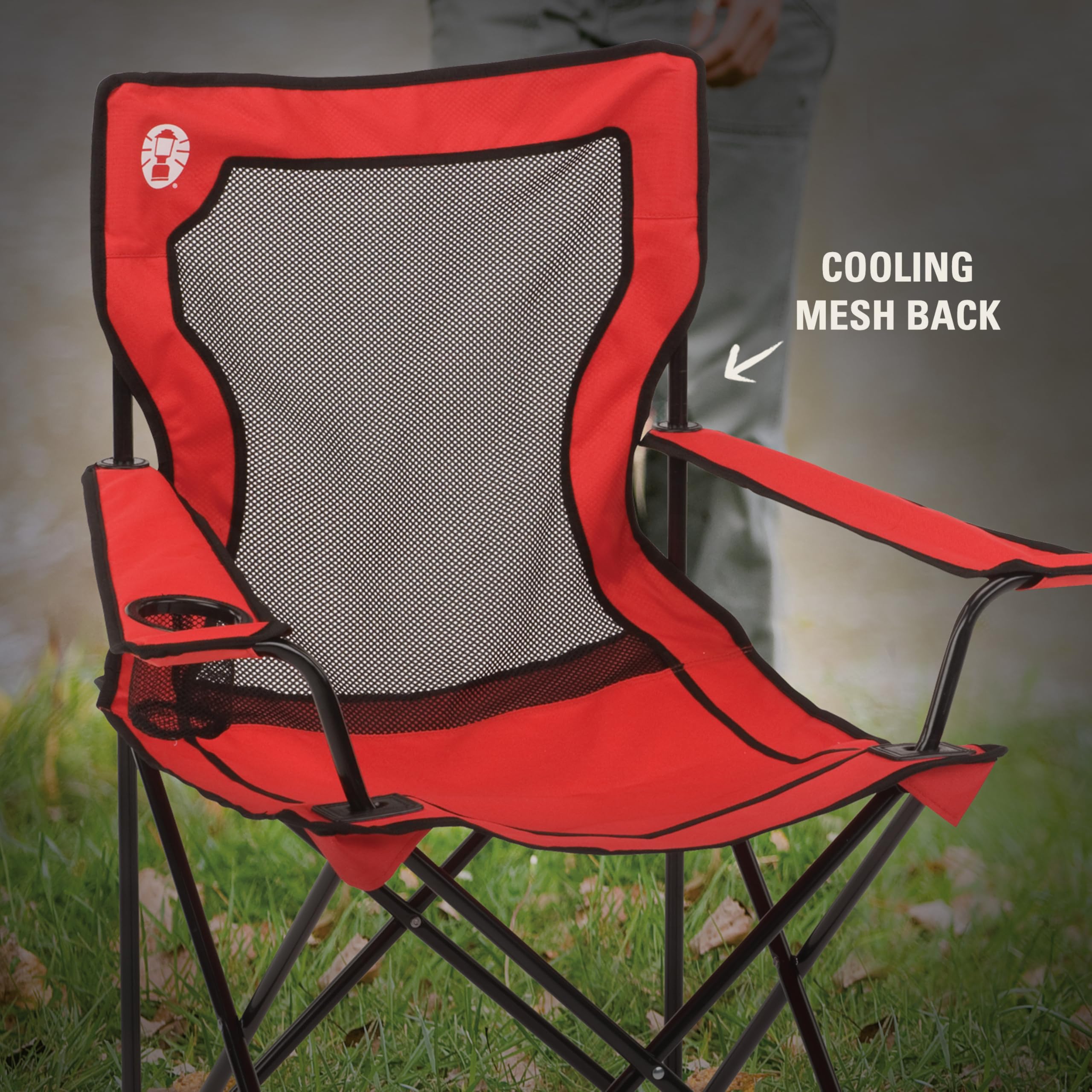 Coleman Quad Camping Chair with Broadband Mesh, Carry Bag & Cup Holder, Cooling Back with Adjustable Arms, Great for Camping, Tailgating, Firepits, Patio, & More