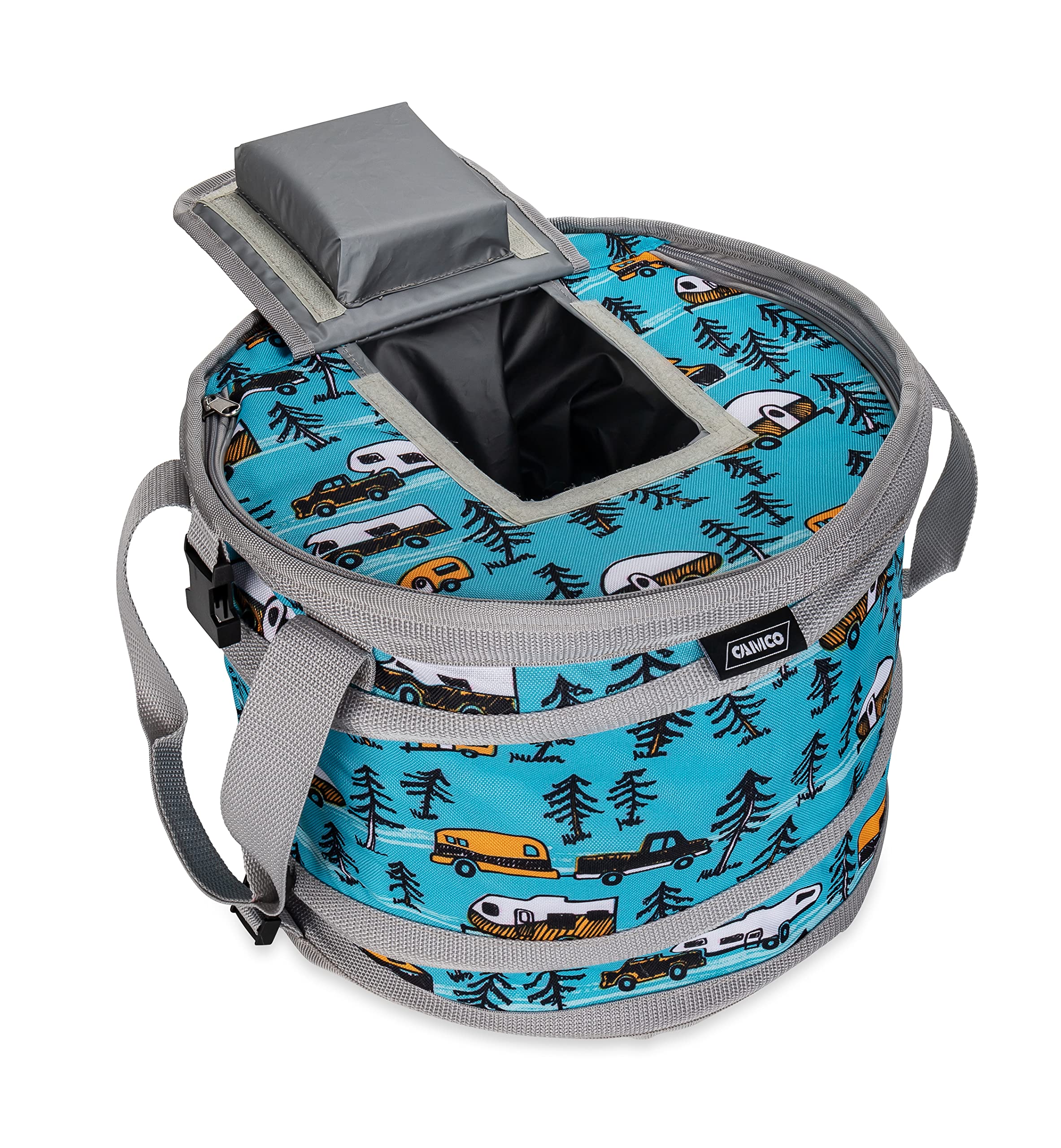 Camco Pop-Up Soft Cooler Life is Better at The Campsite - Features a Water-Resistant Interior, Built-in Bottle Opener, and RV Sketch Design - Holds Up to a 12-Pack of Bottled or Canned Drinks (53417)