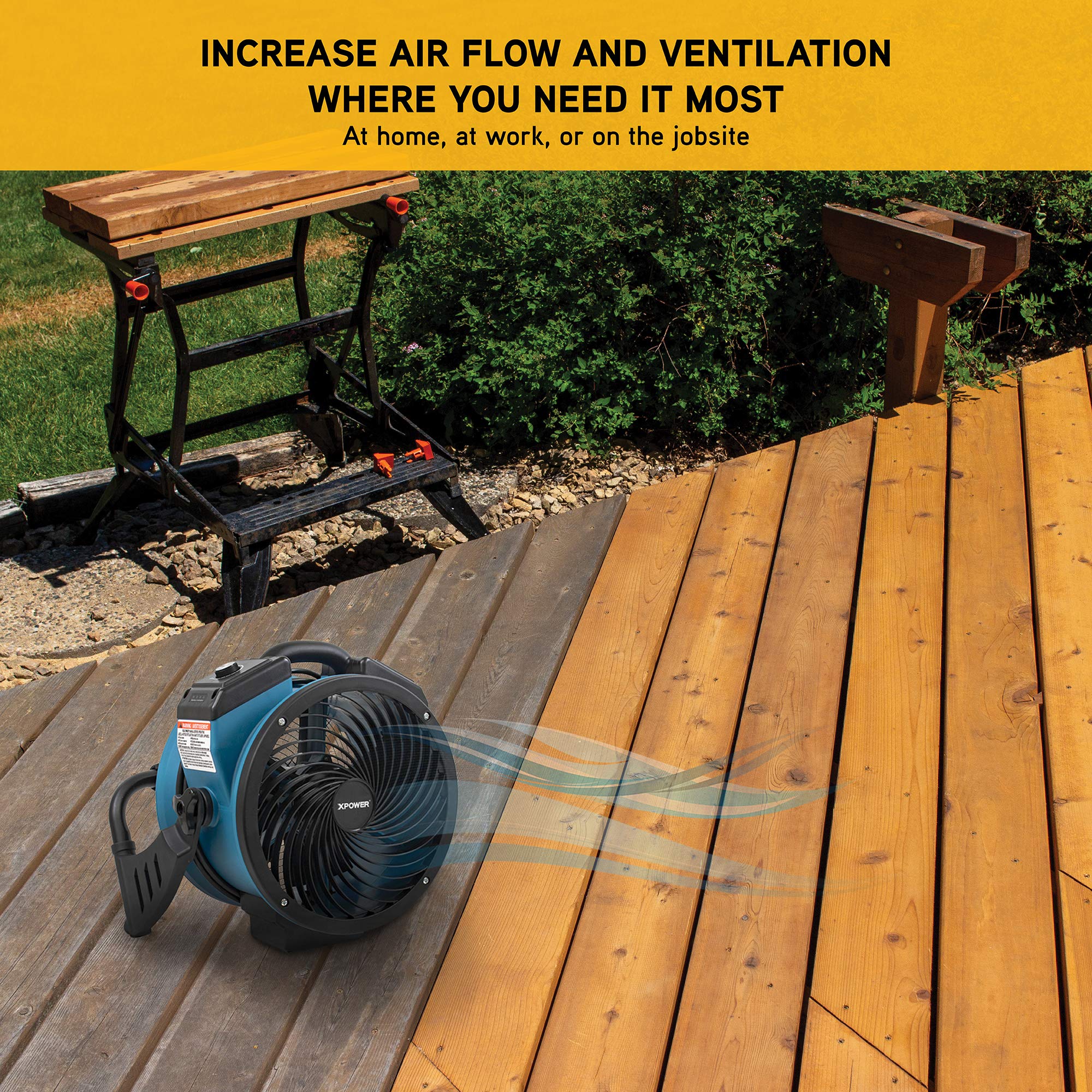 Portable XPOWER FC-150B High Velocity AC/DC Dual Power Operated Portable Rechargeable Battery 18,200mAh Utility Fan, Extended Air Flow, 1000 CFM