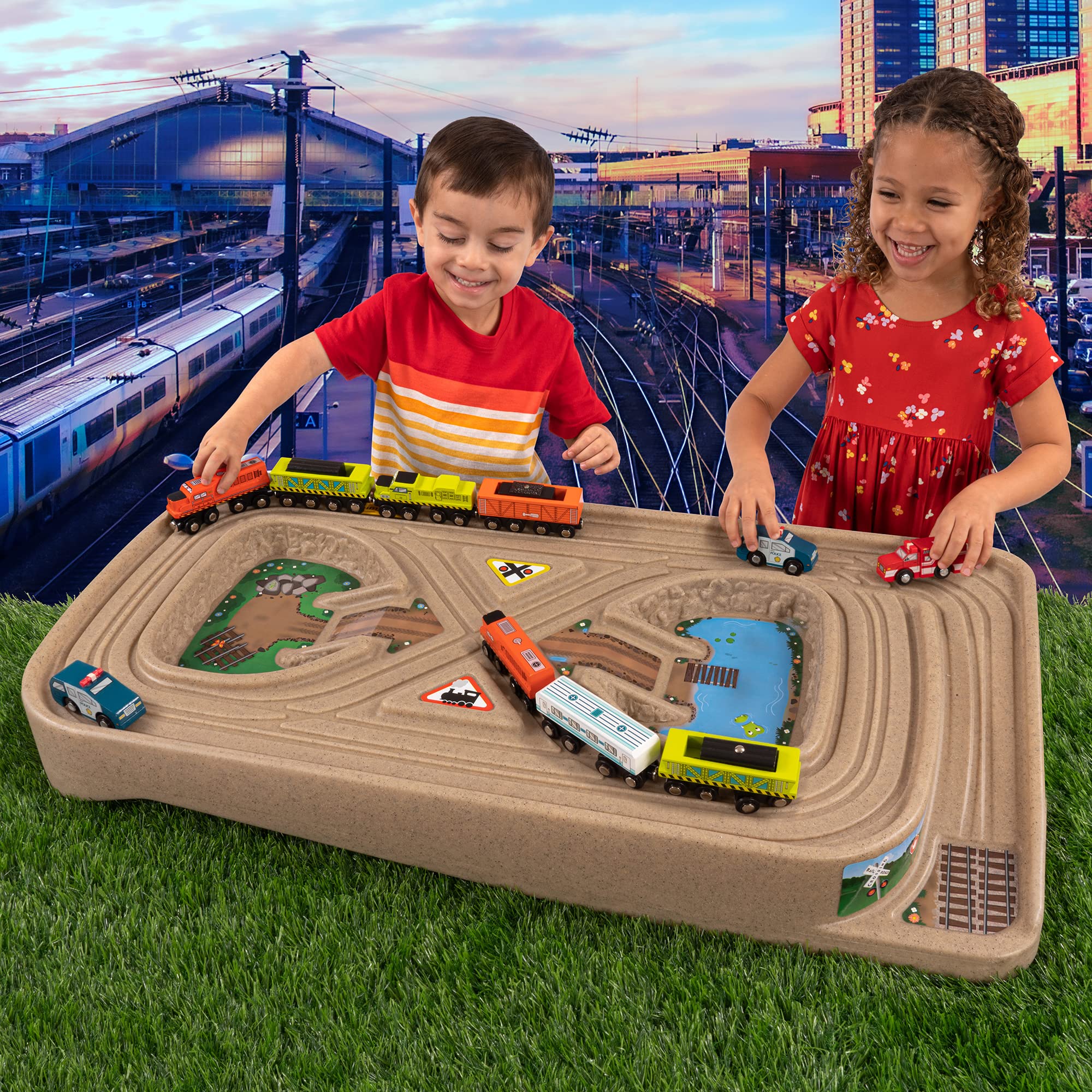 Simplay3 Kids Race Track Toy Car Train Table Portable Carry and Go, 2-Sided No Assembly for Children 3 4 5 6 7 Years Old Boys Girls, Made in USA