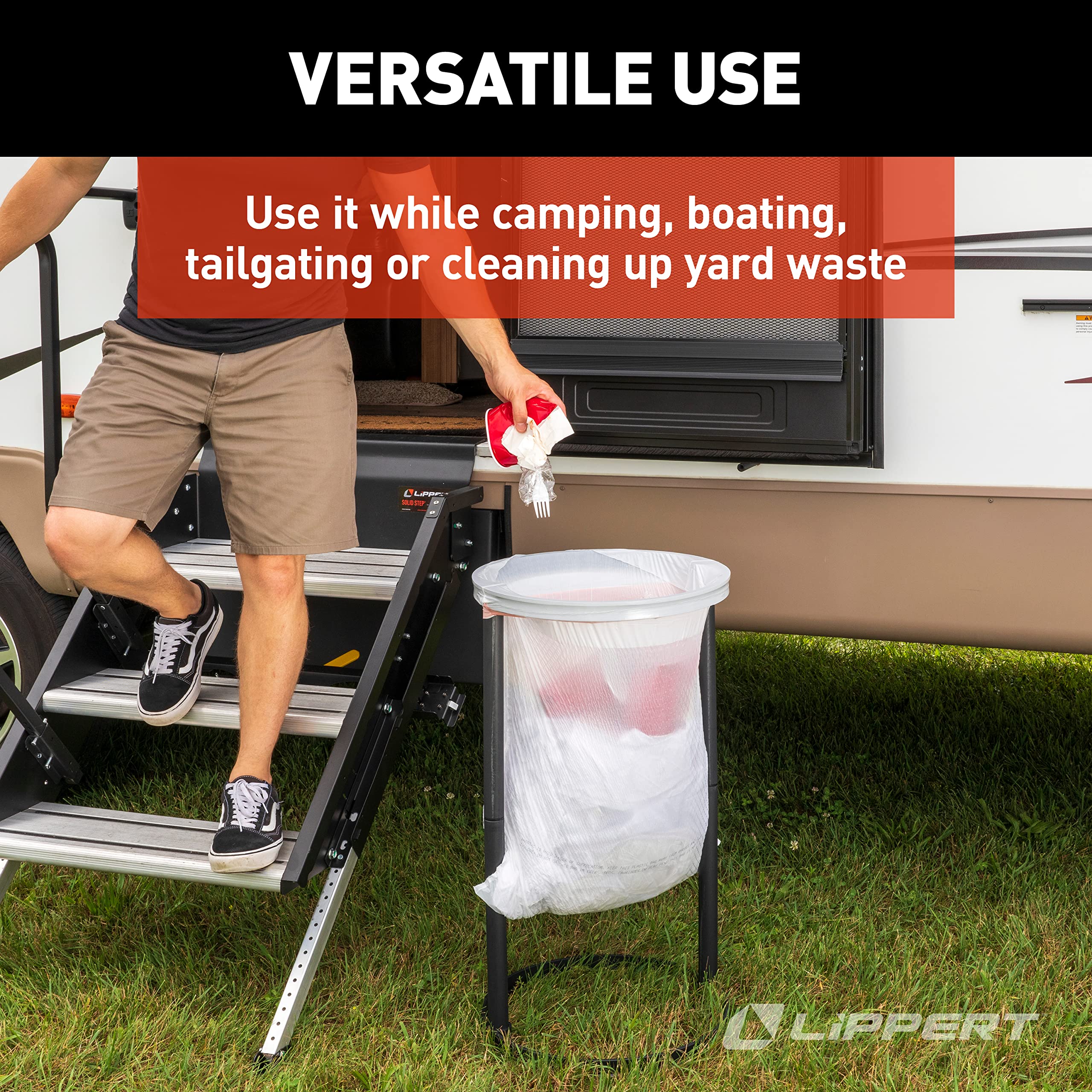 Lippert Trash Bag Holder Portable and Collapsible, Holds 13 Gallon Bags, Easy to Assemble, Perfect for Camping, Boating, Tailgating and Yardwork - 2022105716