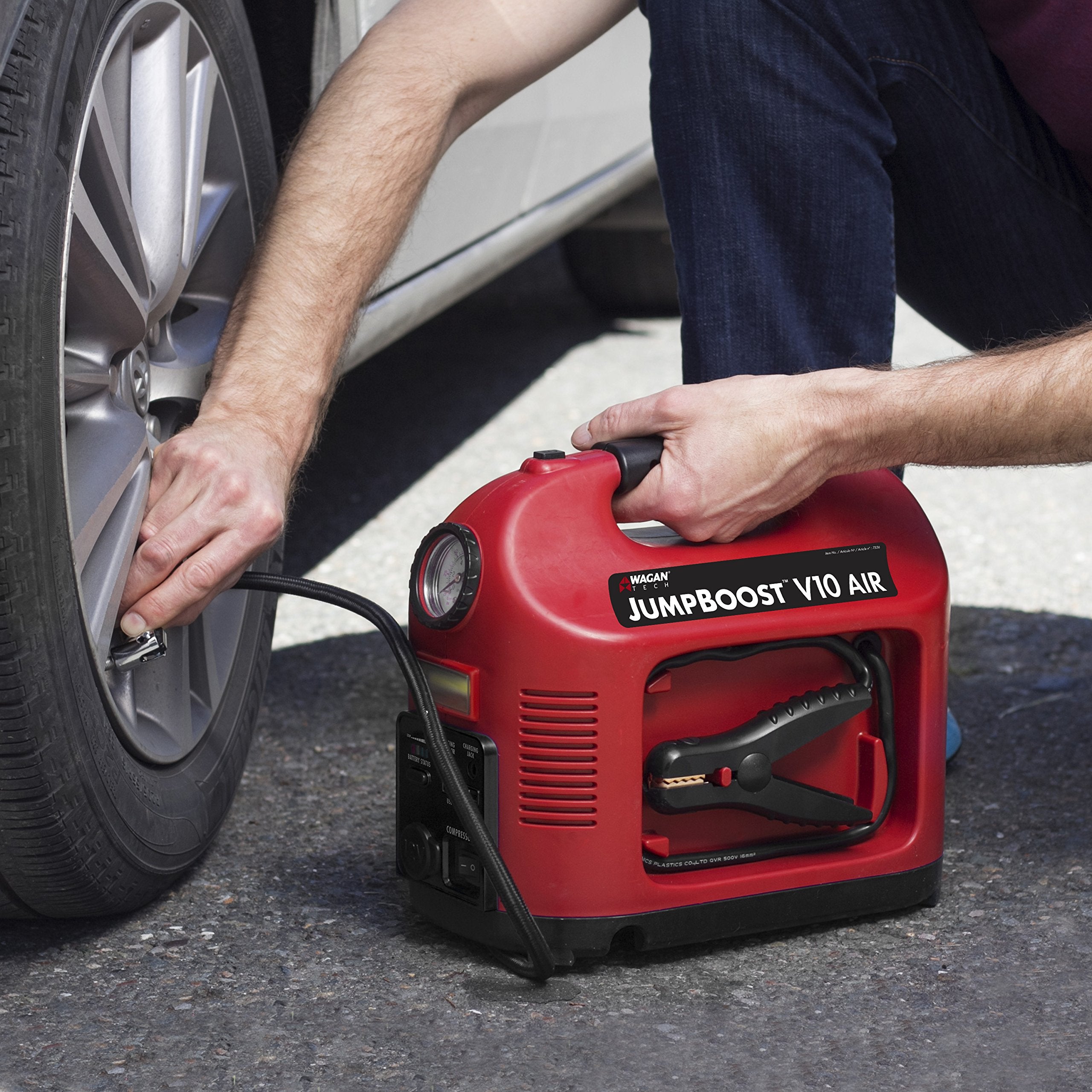 Wagan Jumpboost EL7556 V10 Air 1200 Peak Amps 12V Jump Starter with 150 PSI Powerful Air Compressor Tire Inflator, 1 Built-in DC Socket and 2A USB Port, Work Light