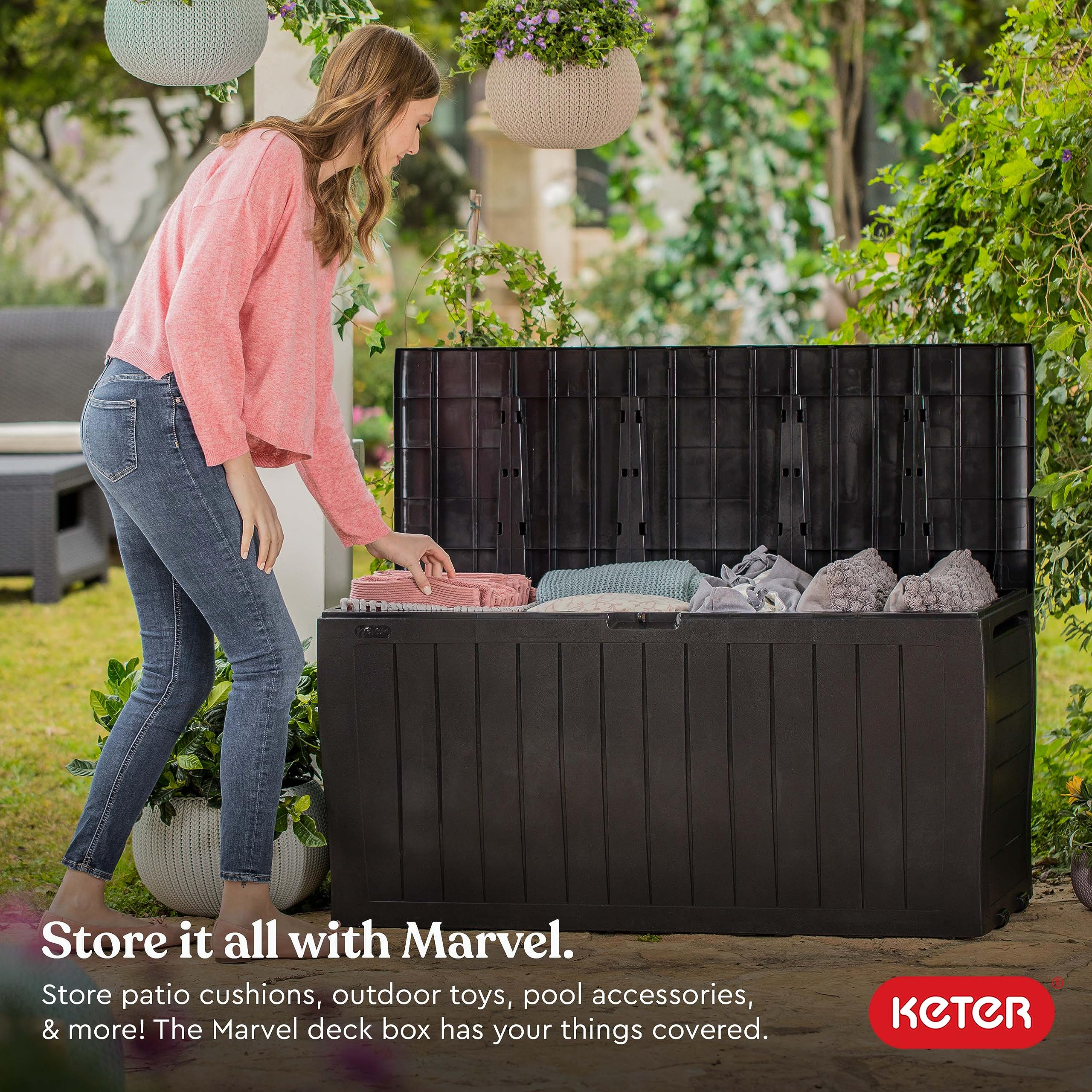 Keter 71 Gallon Marvel Plus Resin Outdoor Storage Box for Patio Furniture Cushions, Throw Pillows, Garden Tools and Pool Floats, Brown