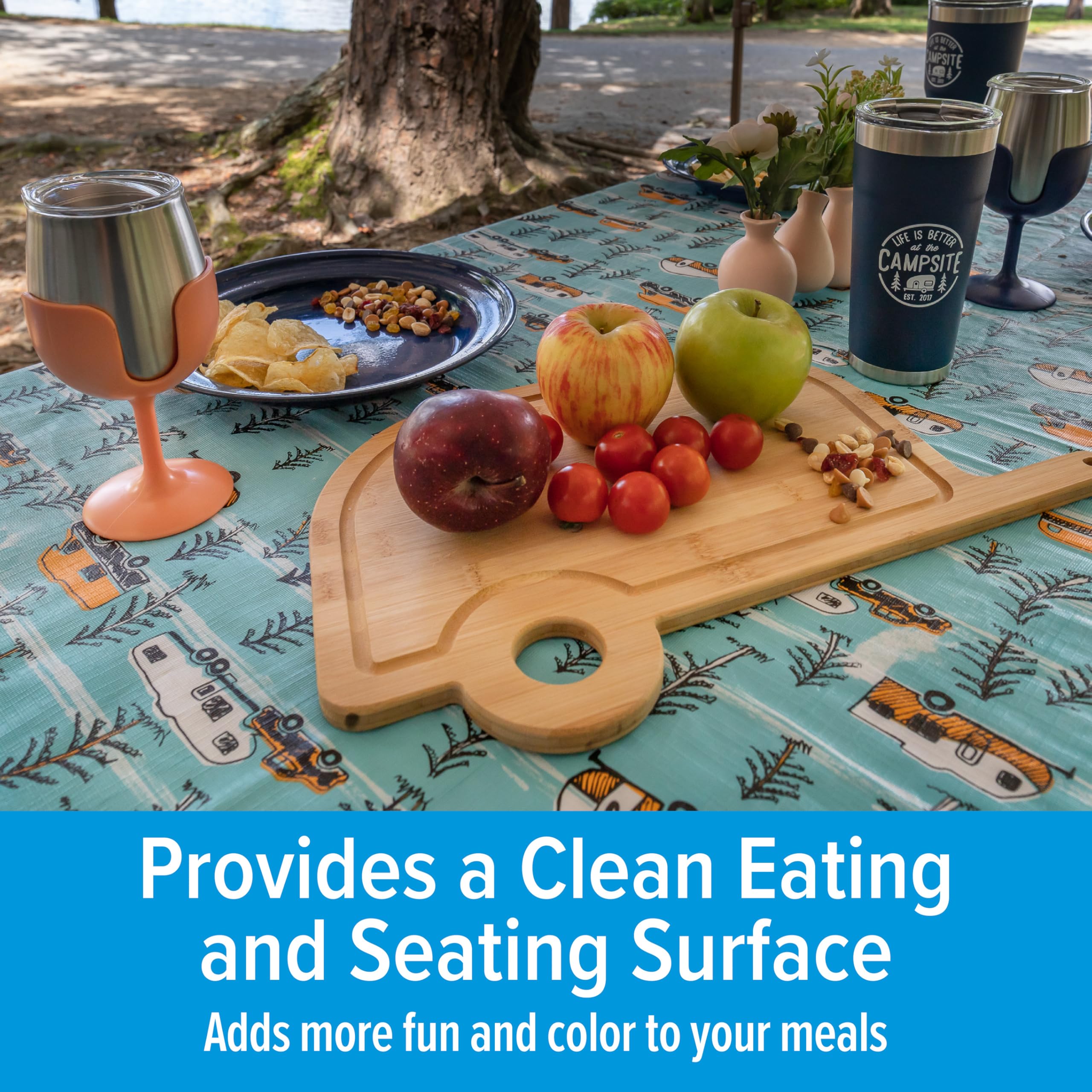 Camco Picnic Table Cover Life is Better at The Campsite with Bench Covers - Provides a Clean Eating Surface for Outdoor Activities - Features an RV and Tree Sketch Design (53380)