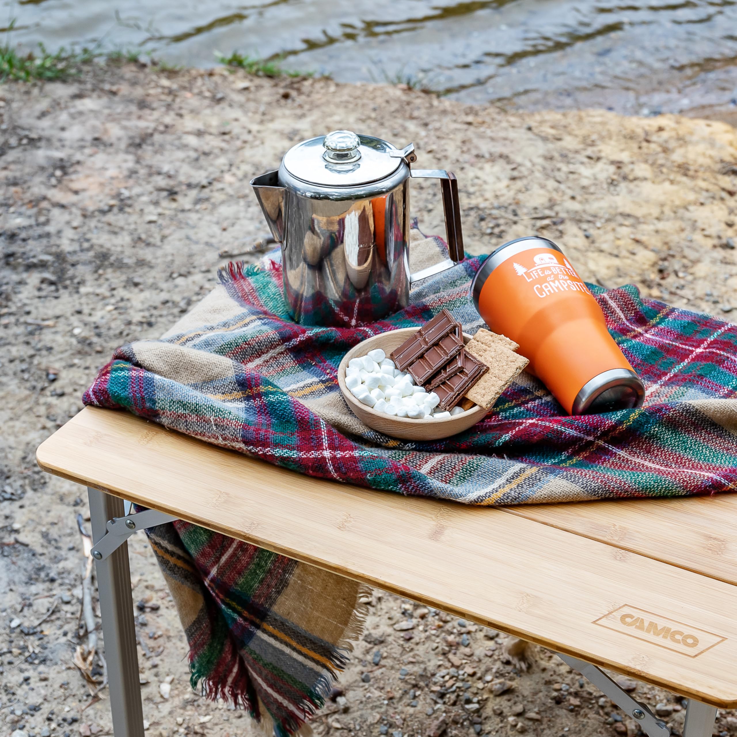 Bamboo Folding Camping Table Camco with Aluminum Legs - Natural Bamboo Top Measures 25 ½ x 19 ¾-inches & Supports Up to 85lbs - Lightweight for Added Portability & Includes Storage Bag (51895)