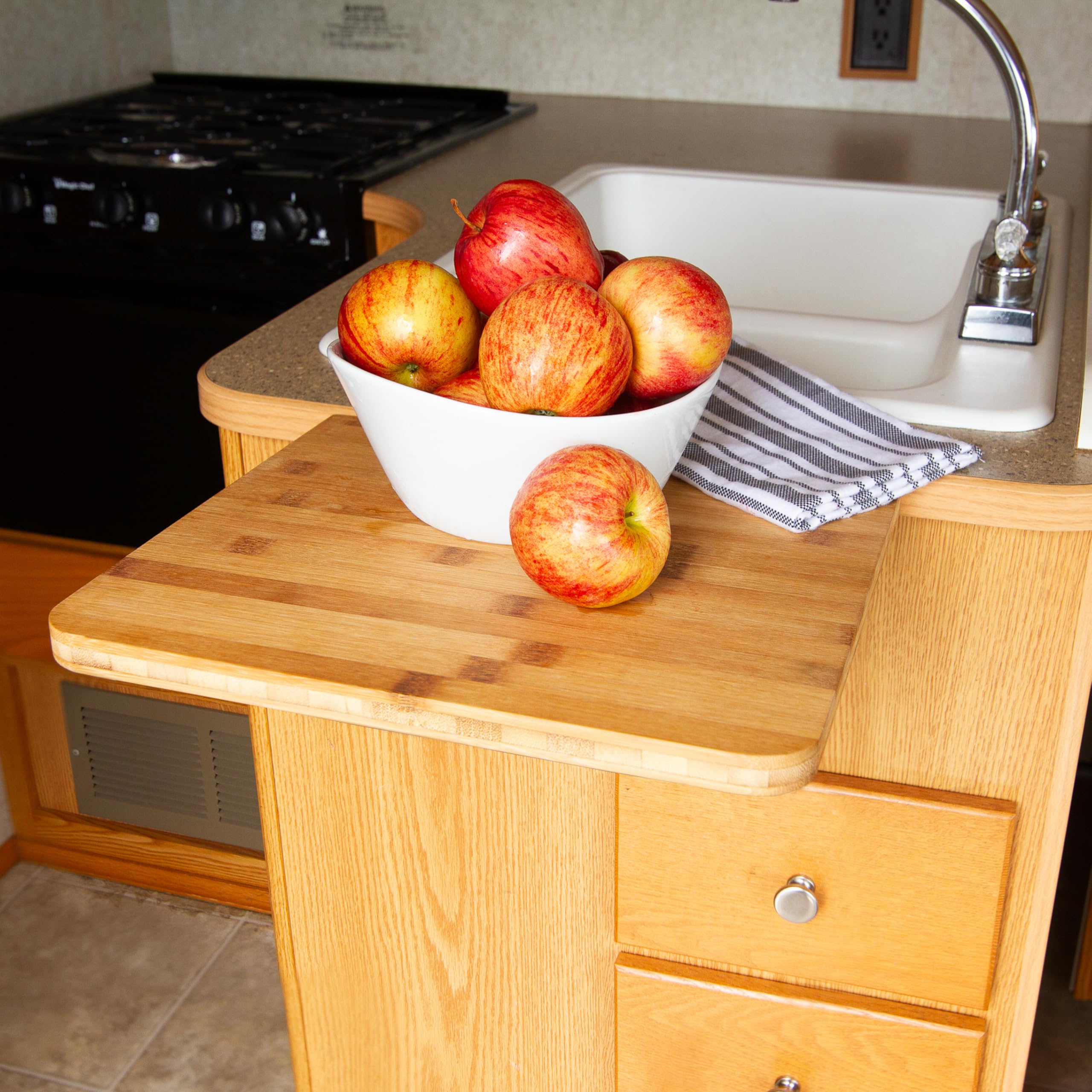 Camco RV Countertop Extension Bamboo Accents Camper/RV - Designed with Food-Safe Bamboo & Adds 12 Extra Inches of Countertop Space - Mounts with Metal Drop-Leaf Table Brace (43423)
