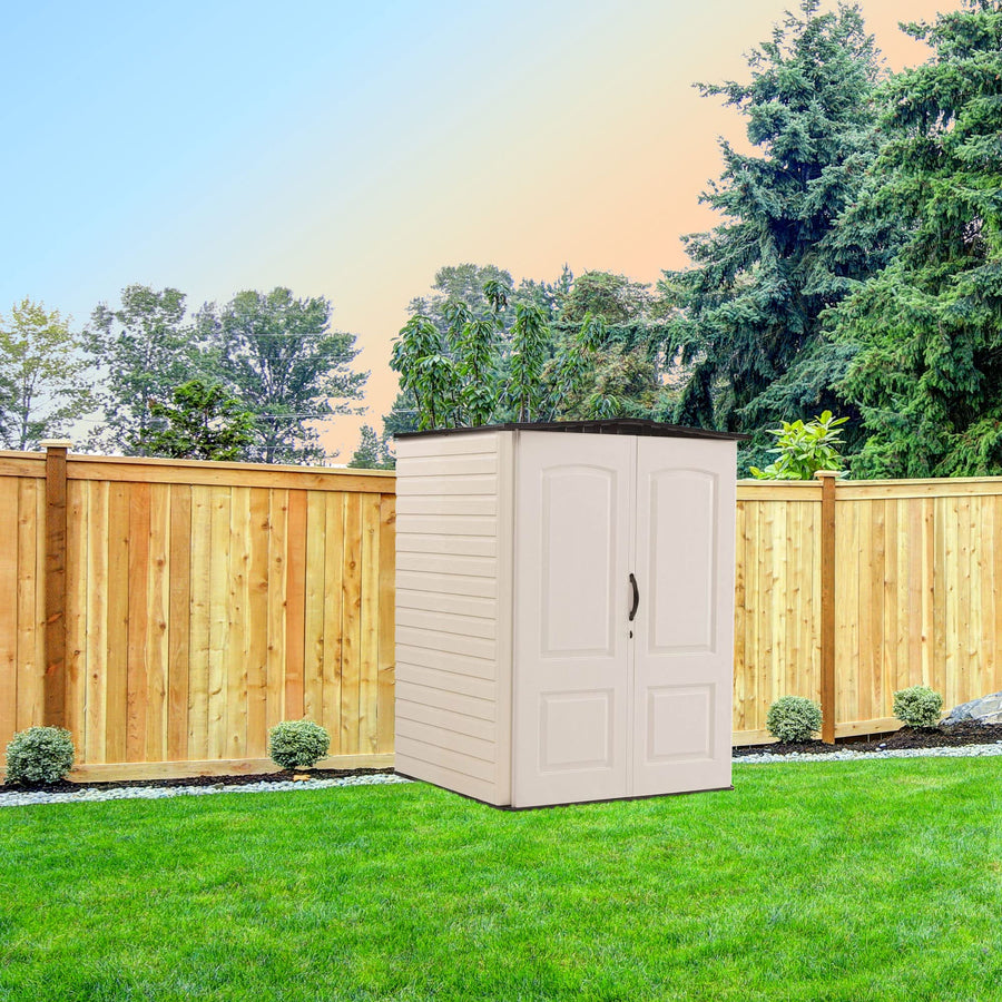 Medium Rubbermaid Vertical Resin Outdoor Storage Shed With Floor (4.3 x 4.6 Ft), Weather Resistant, Beige/Brown, Organization for Home/Backyard/Garden Tools/Lawn Mower/Bike Storage/Pool Supplies