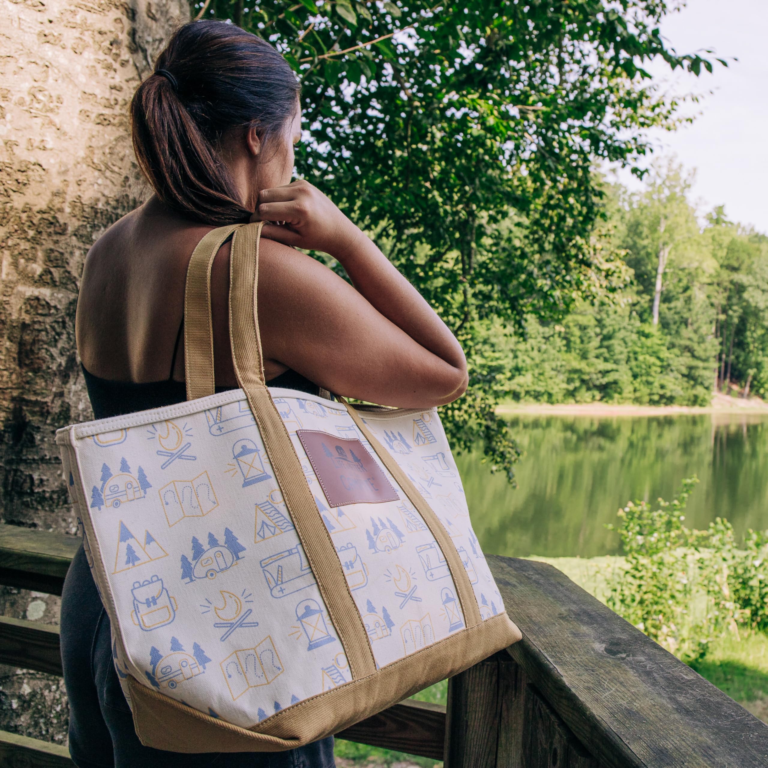 Camco Canvas Tote Bag Life is Better at The Campsite - Features Heavy-Duty Cotton Canvas Design with Reinforced Base, Unique RV-Themed Adventure Print, & Zippered Top Closure - 16x14.5x7.25 in (53127)