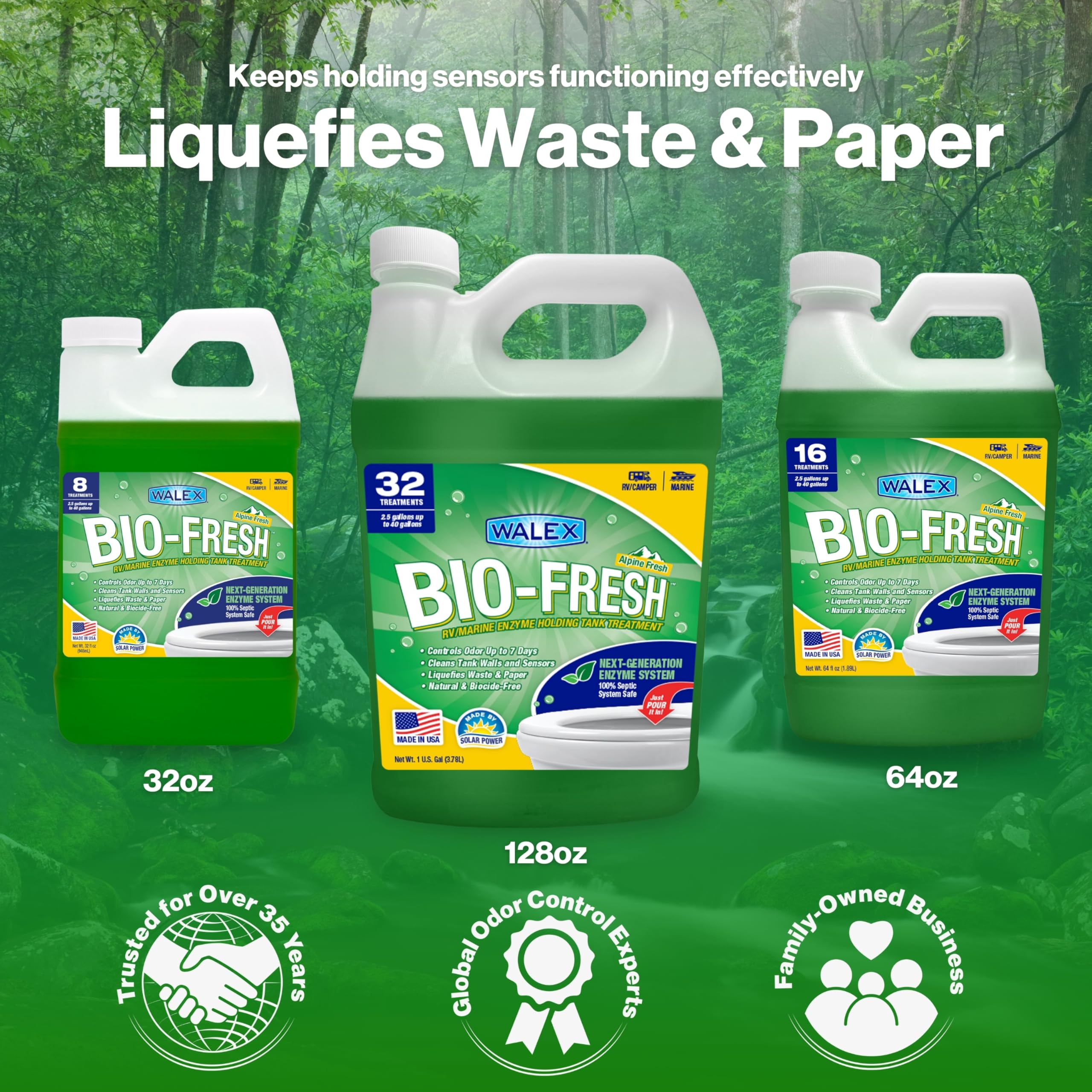 Bio-Fresh Liquid Walex Enzyme Holding Tank Treatment for RV, Camper & Marine - Black Water Tank Deodorizer, Liquifies Waste & Toilet Paper, Septic Tank Safe, Biocide-Free, Alpine Fresh, 32oz
