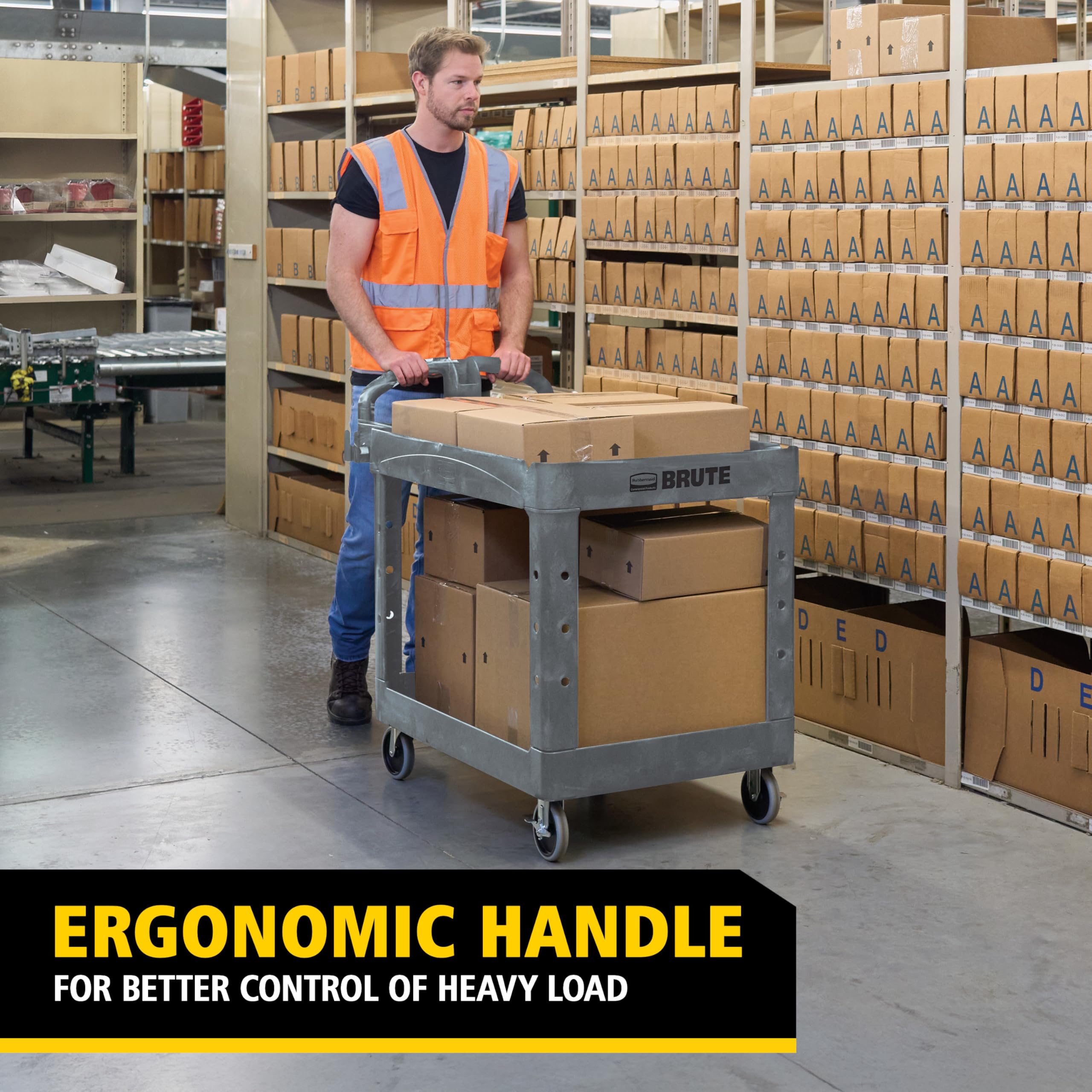 Rubbermaid Commercial Products Heavy Duty BRUTE 2-Shelf Utility/Service Cart, Large, Lipped Shelves, Ergonomic Handle, 750 lbs. Capacity, Black, for Warehouse/Garage/Cleaning/Maintenance/Stadiums