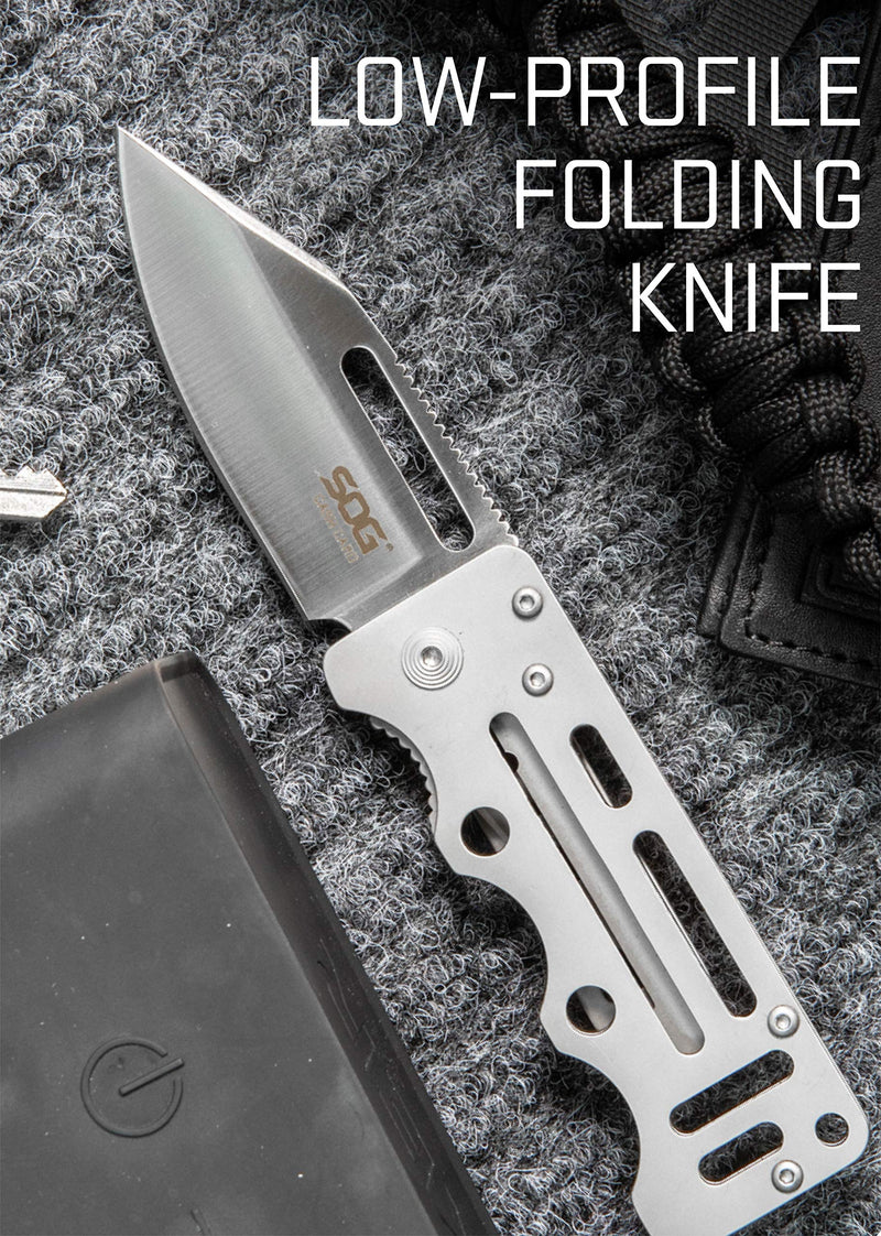 SOG Money Clip Cash Card Pocket Knife- 2.75 Inch Blade EDC Knife with Clip for Pocket, Money or Card Holder, Stainless Steel Handle with Built-In Lanyard Hole (EZ1-CP), Onesize, Satin Polished
