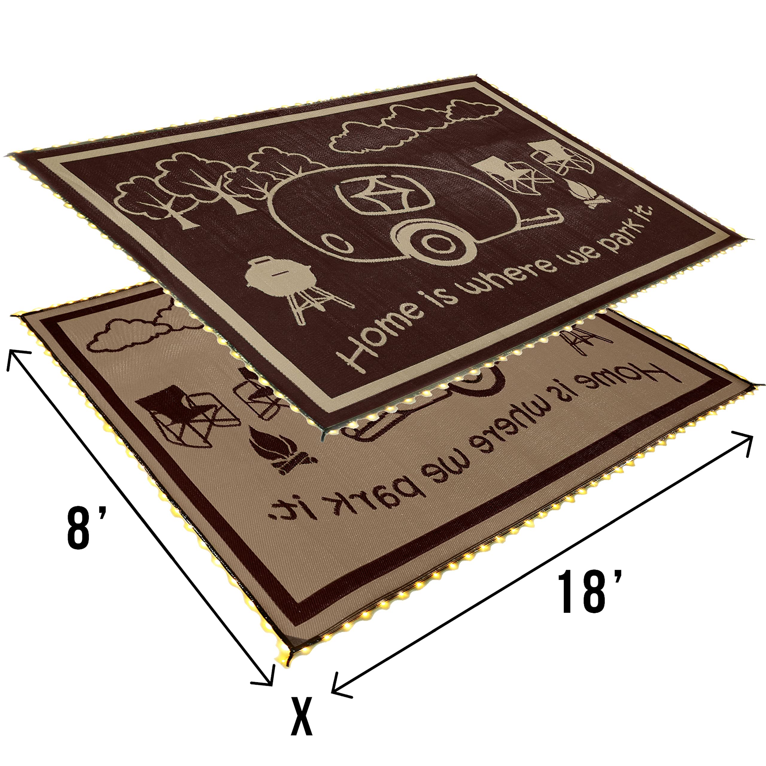 Camping Stylish LED Illuminated Patio Mat - Reversible RV Home Mat, Brown/Beige with LEDs Light, 8x18