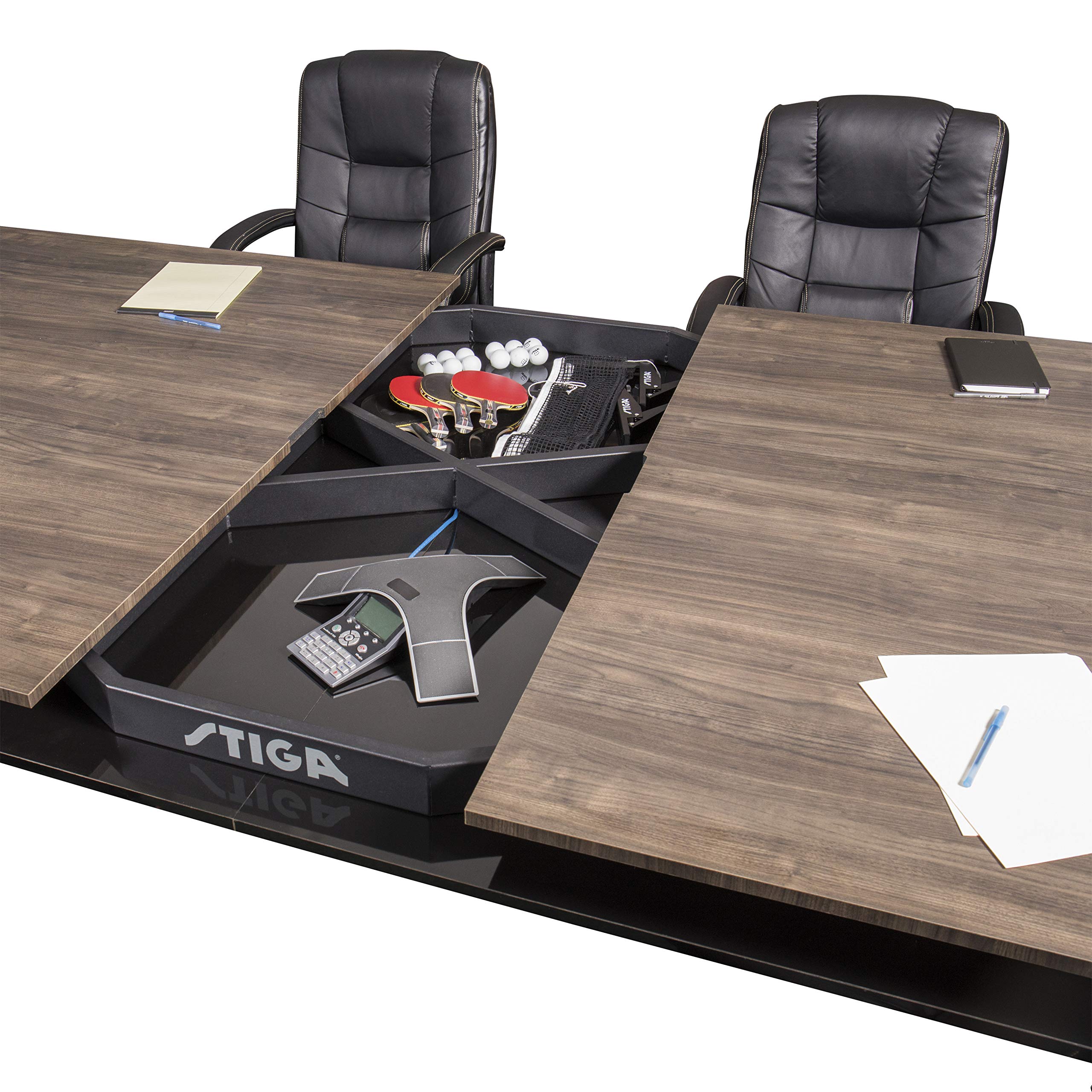 STIGA 3-in-1 Hybrid Dining, Conference and Tennis Table Tennis Table – Black Base with Walnut Finished Top