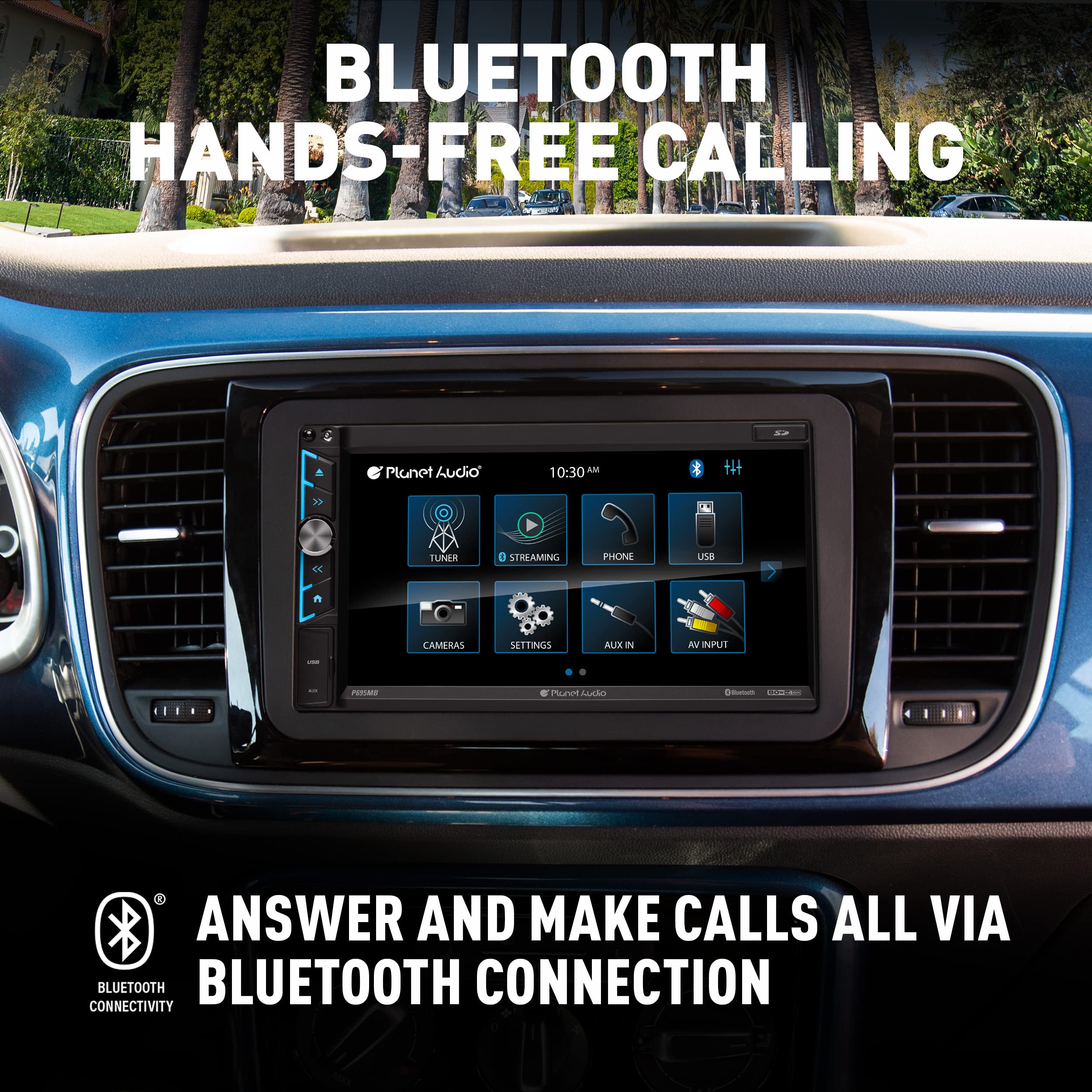 P695MBRC Planet Audio Car Stereo System - A-Link (Screen Mirroring), 6.95 Inch Double Din, Touchscreen, Bluetooth Head Unit, Radio Receiver, No CD Player, Backup Camera, Hook Up to Amplifier