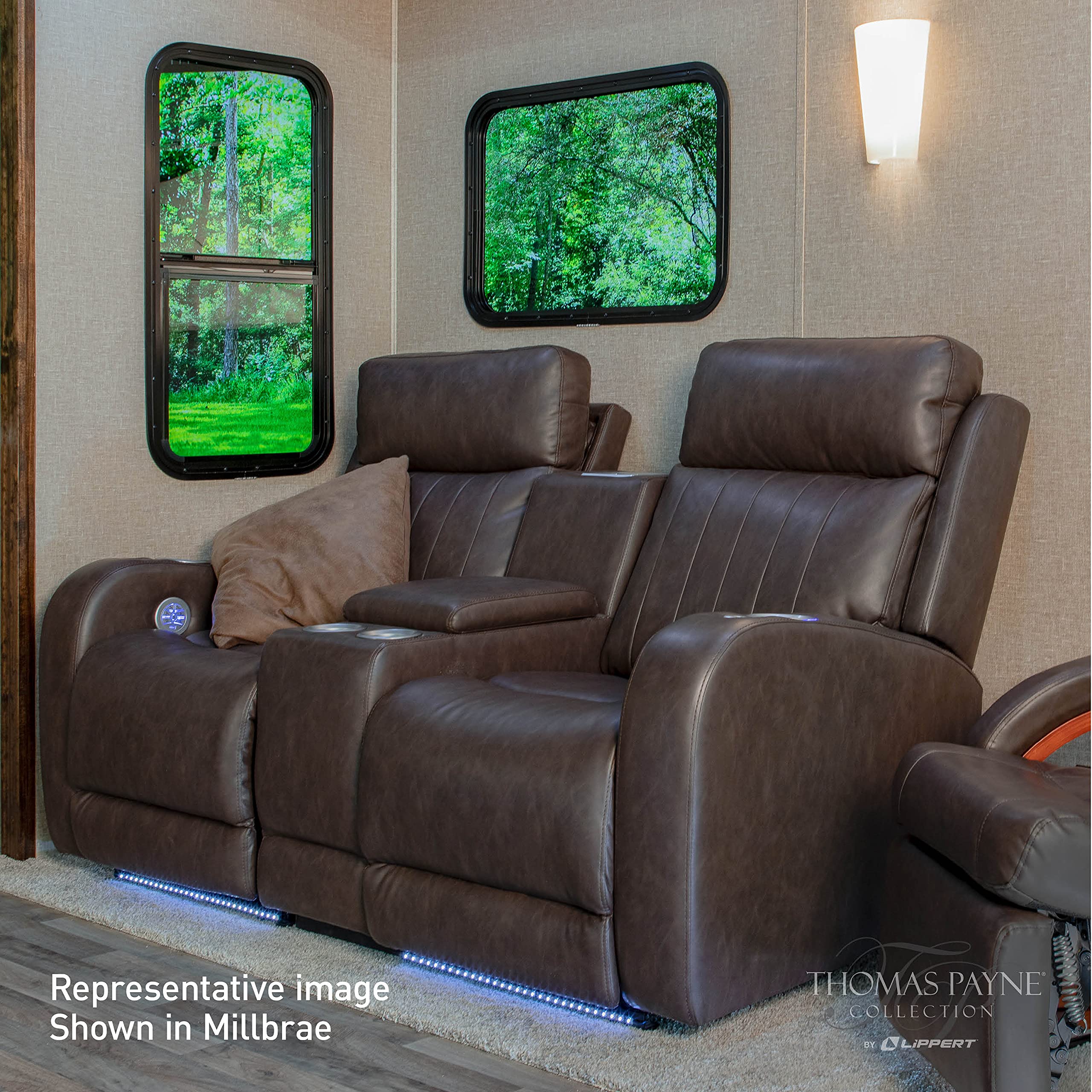 Thomas Payne RV Theater Seating Seismic Series Center Console - Millbrae, Easy-to-Clean PolyHyde Vinyl Fabric, Integrated Storage Compartment, LED Lighting, Dual Lighted Cup Holders - 2020129322